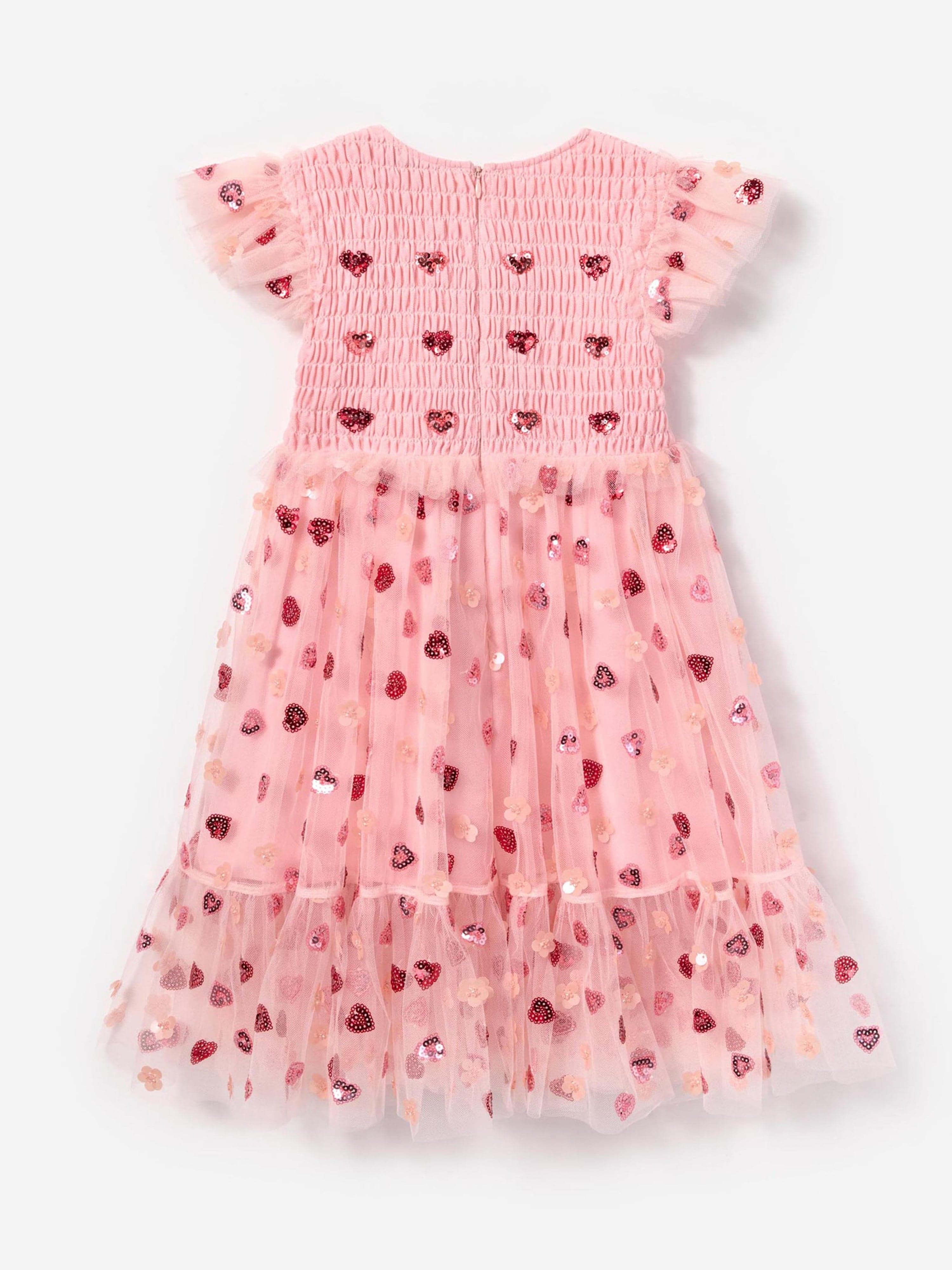 Girls Mesh Heart Sequin Dress in Pink