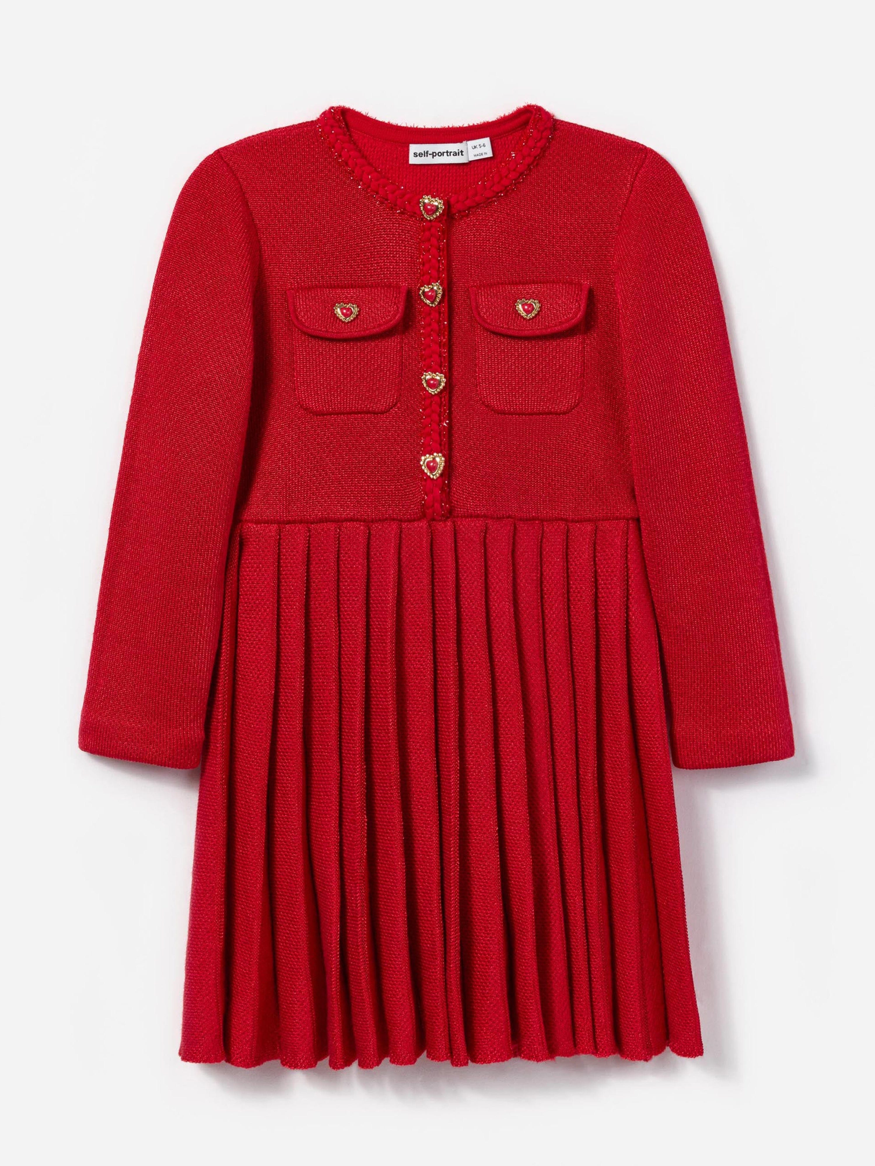 Girls Knitted Pleat Dress in Red