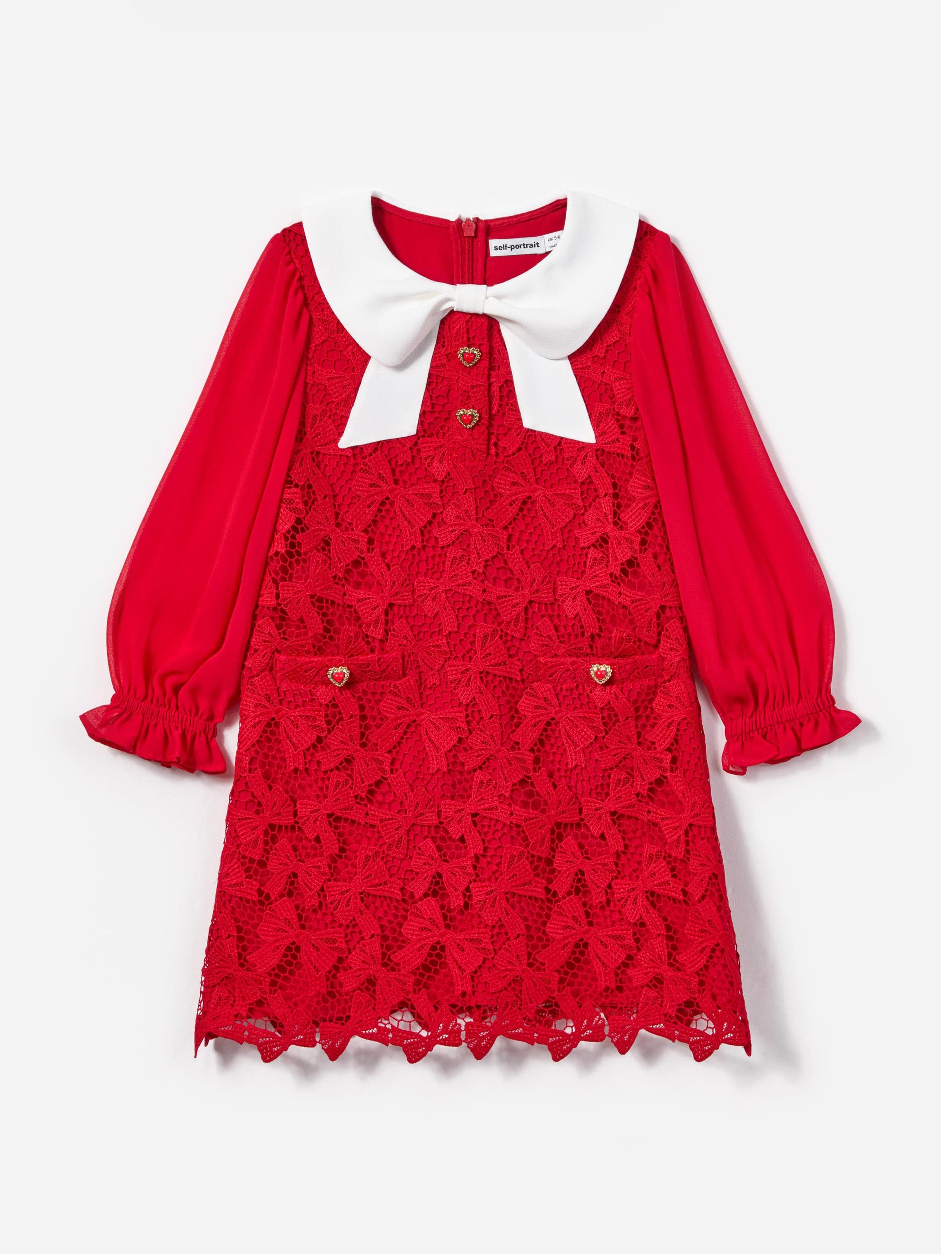 Girls Bow Lace Dress in Red