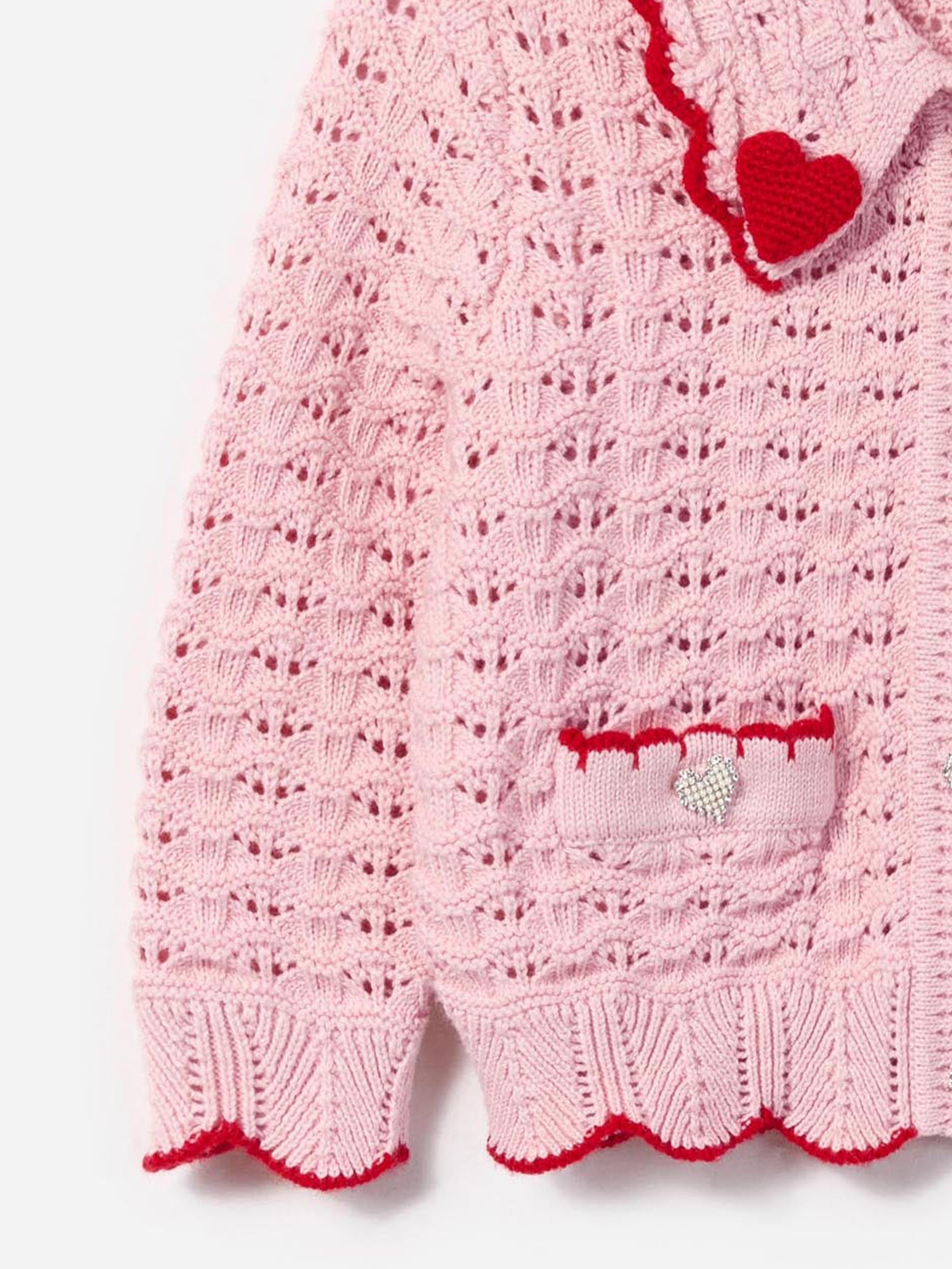 Girls Textured Heart Detail Cardigan in Pink