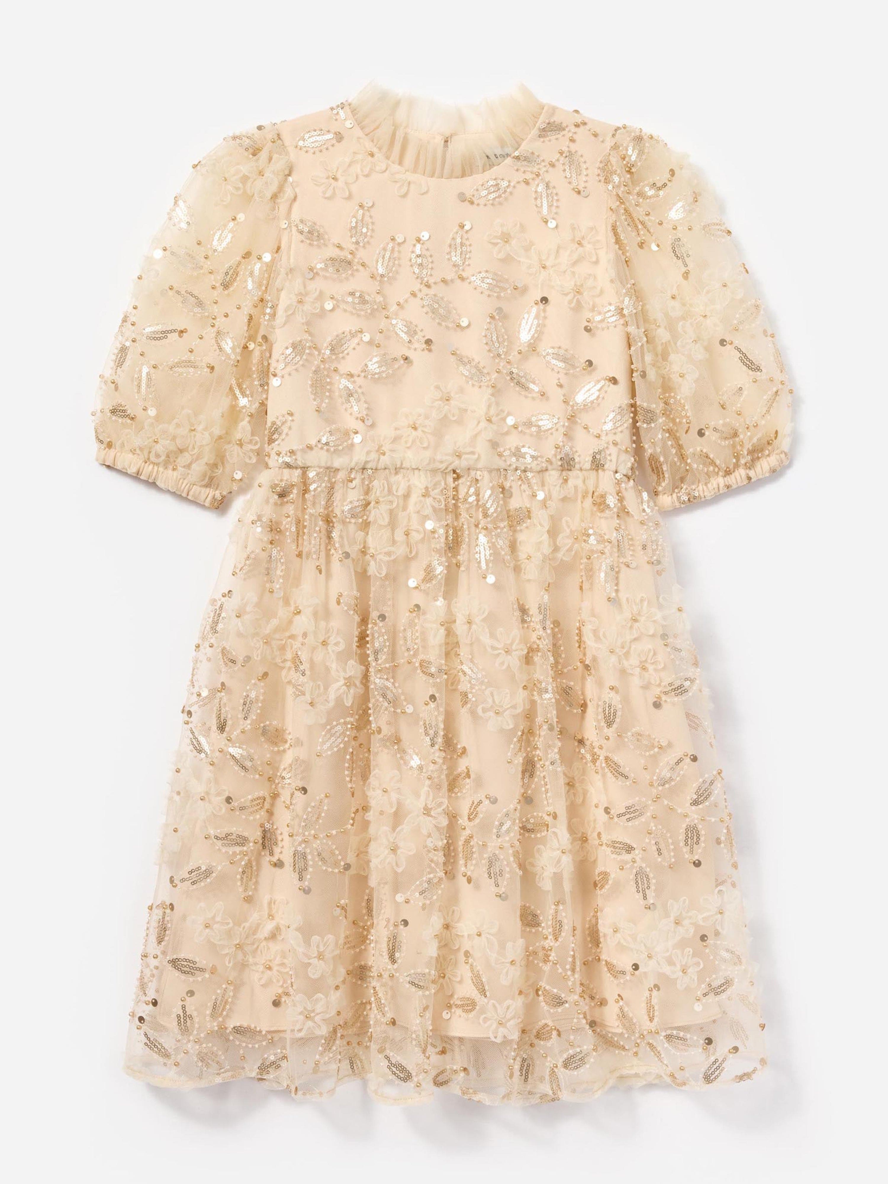 Girls Sequin Tulle Dress in Ivory