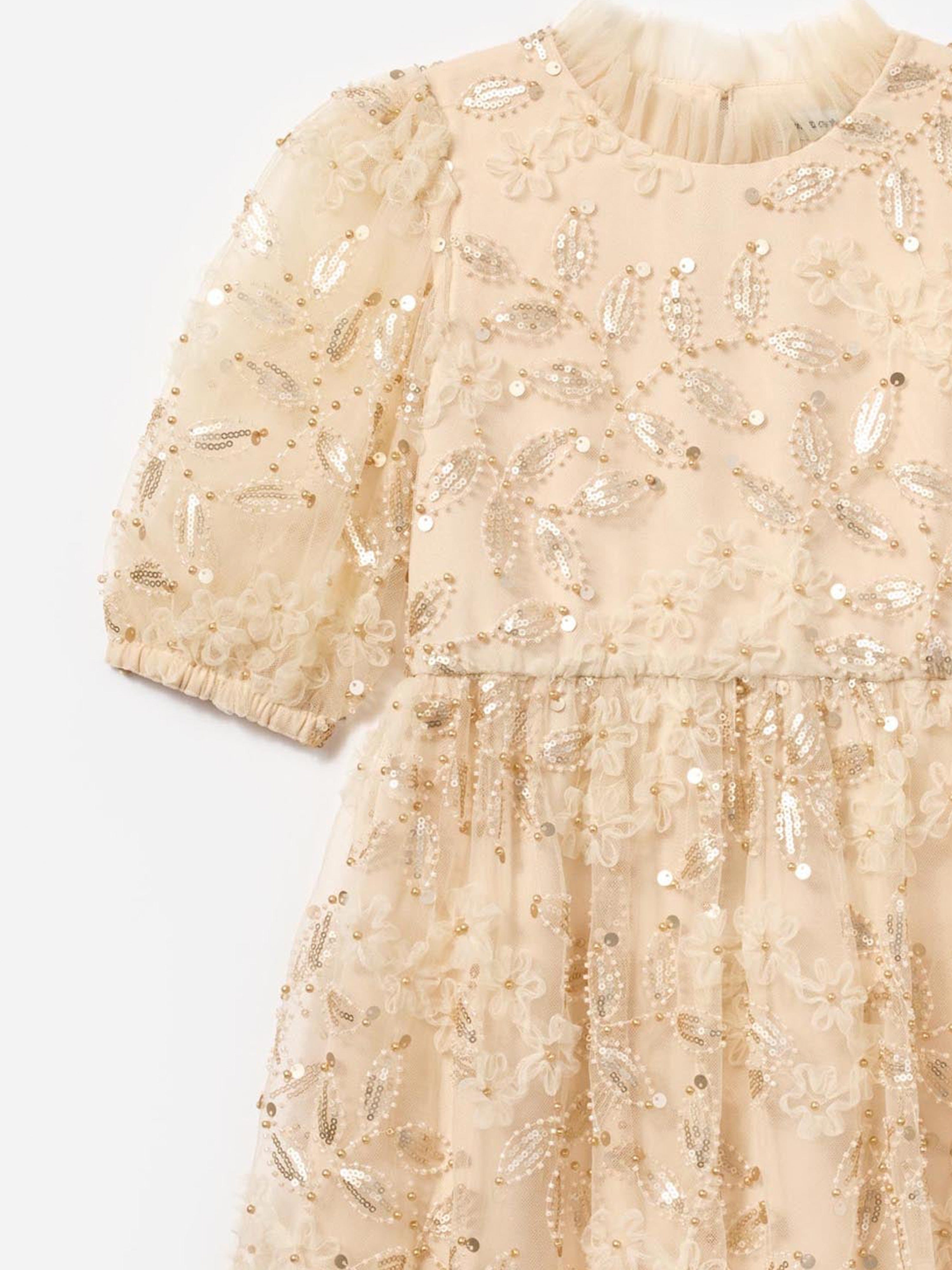 Girls Sequin Tulle Dress in Ivory