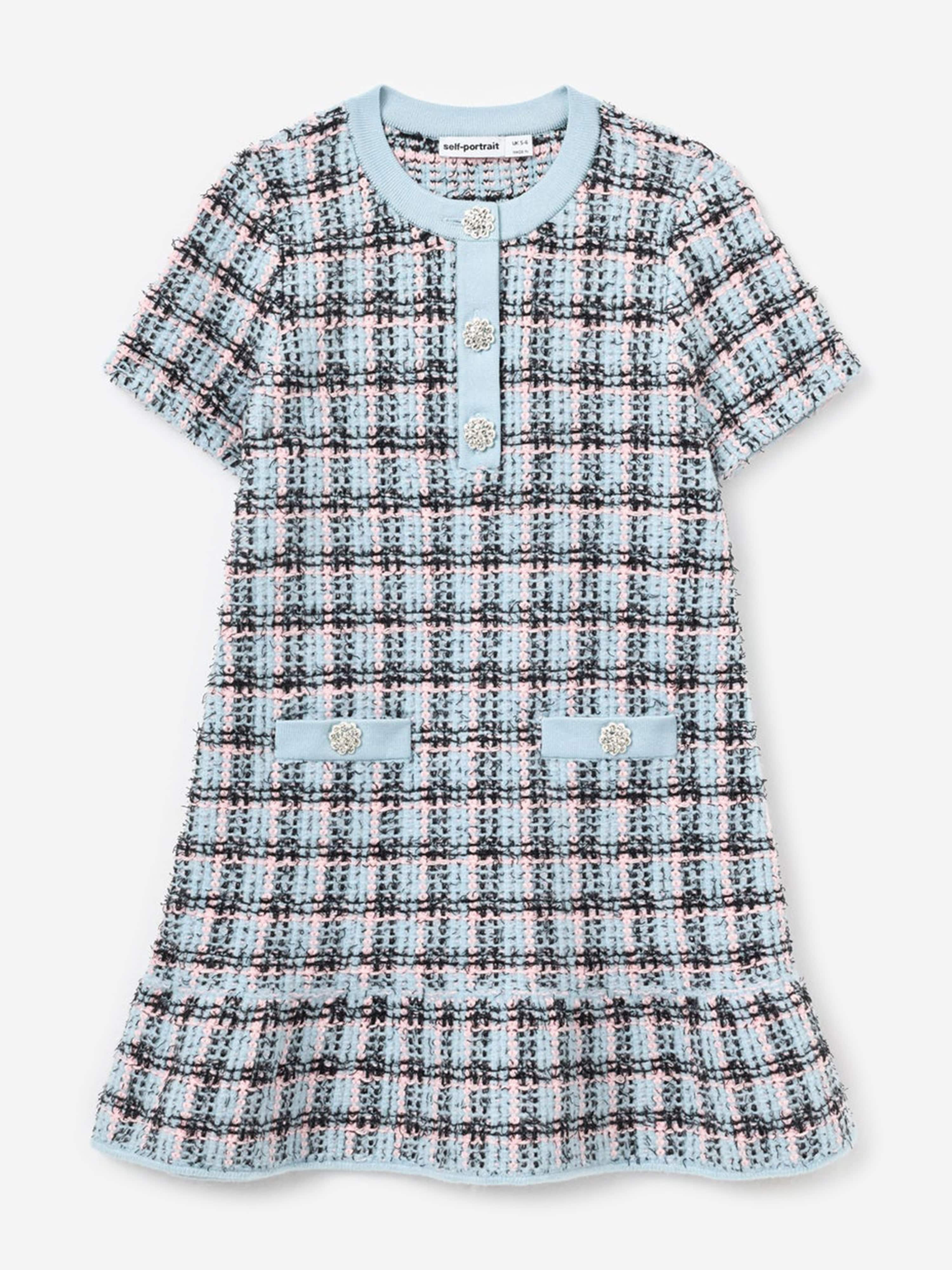 Self Portrait Girls Textured Stripe Knit Dress in Blue