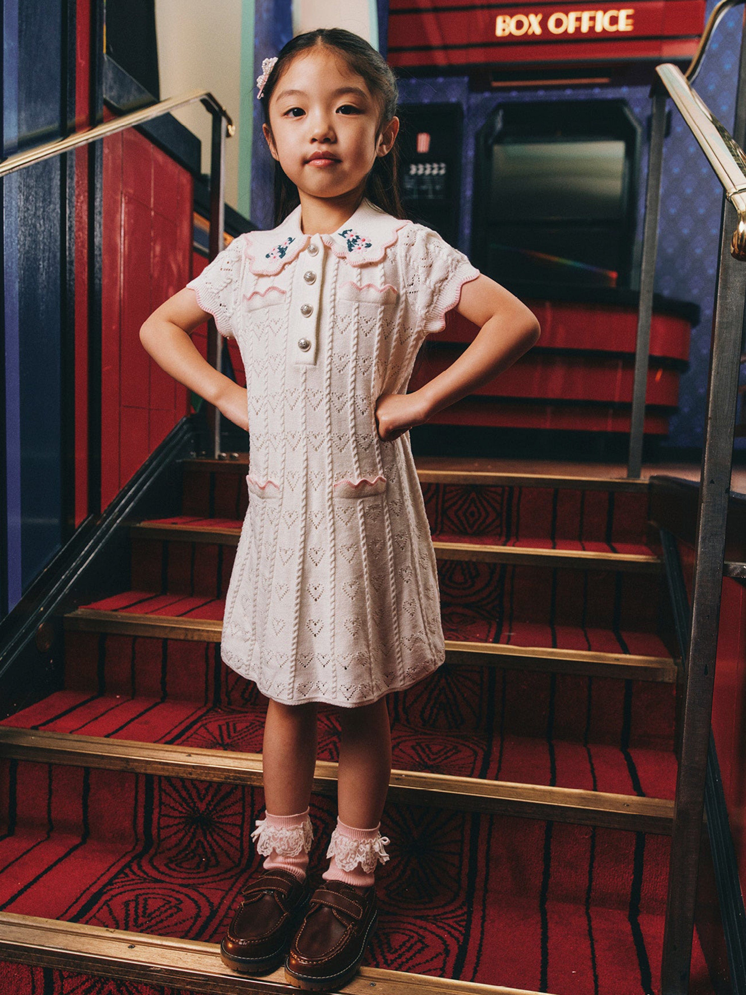 Self Portrait Girls Heart Knit Dress in Ivory