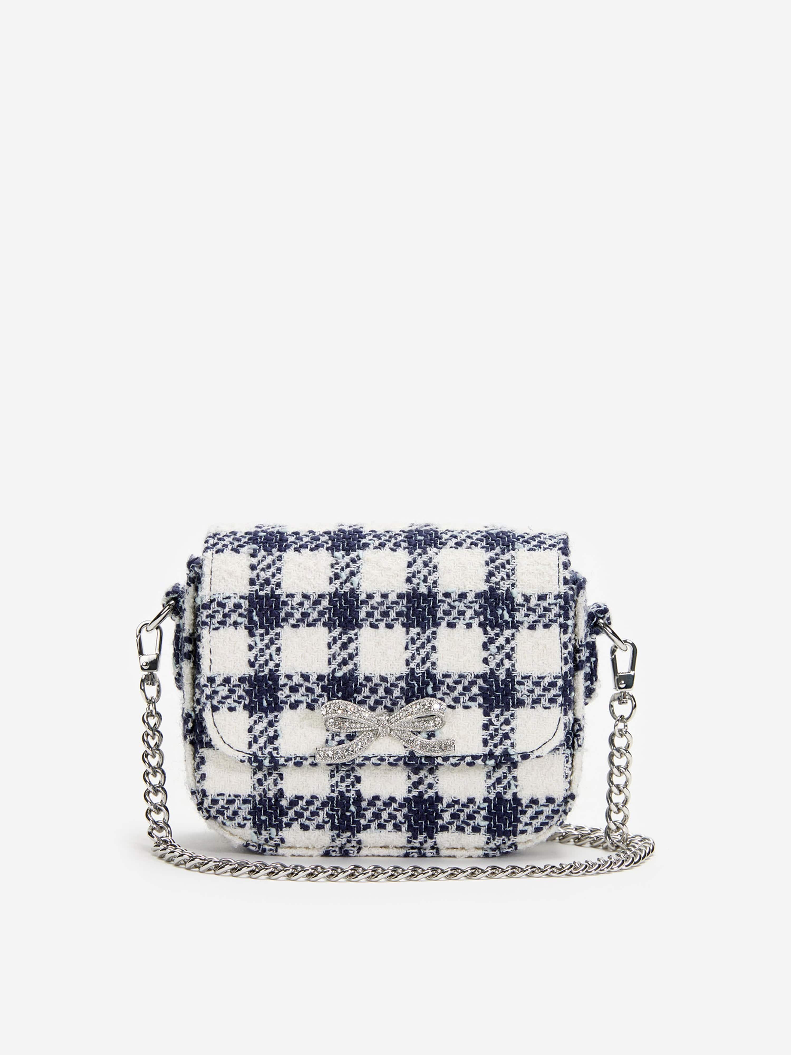 Self Portrait Girls Check Boucle Bag in Navy (14cm)