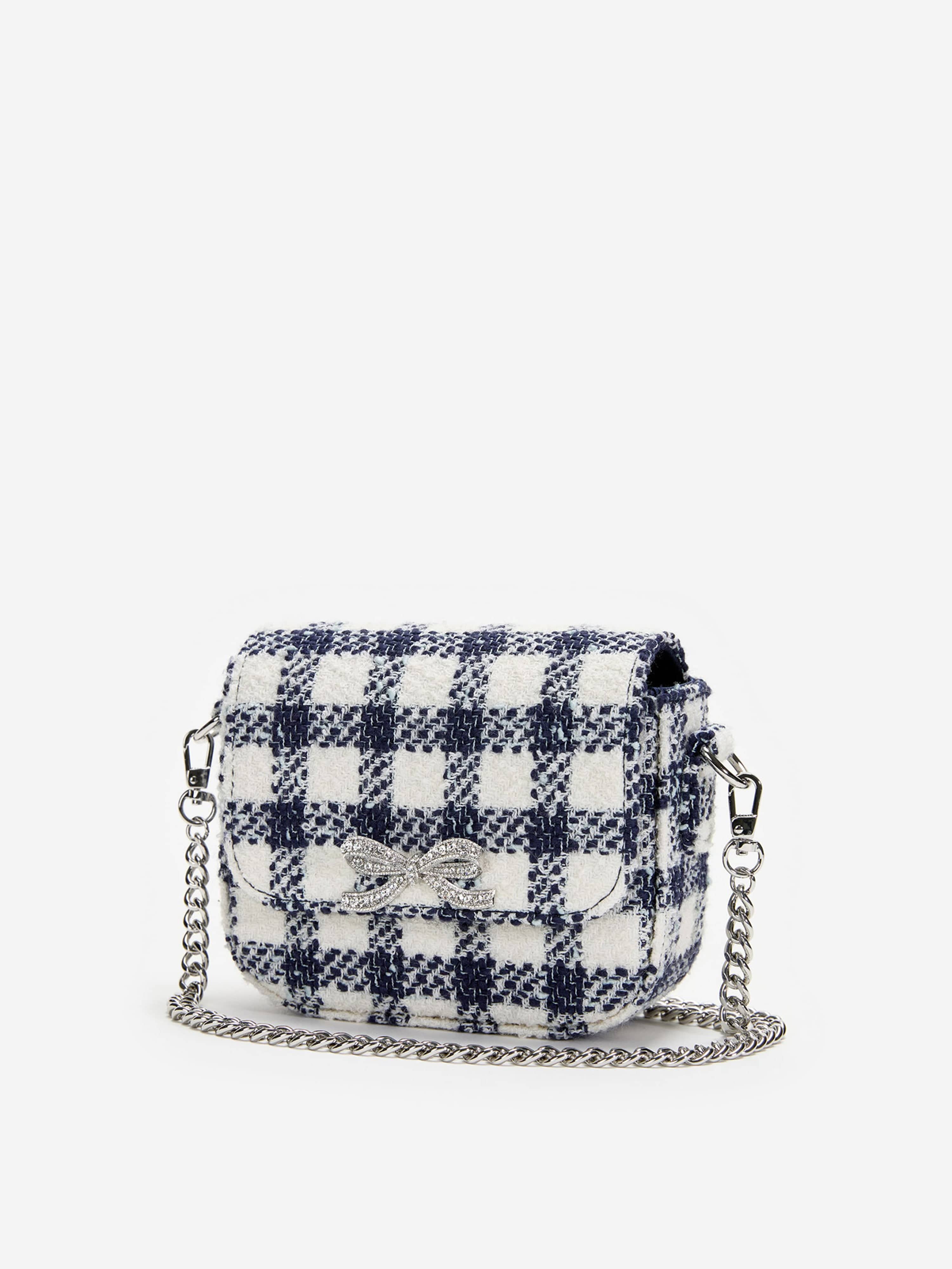 Self Portrait Girls Check Boucle Bag in Navy (14cm)