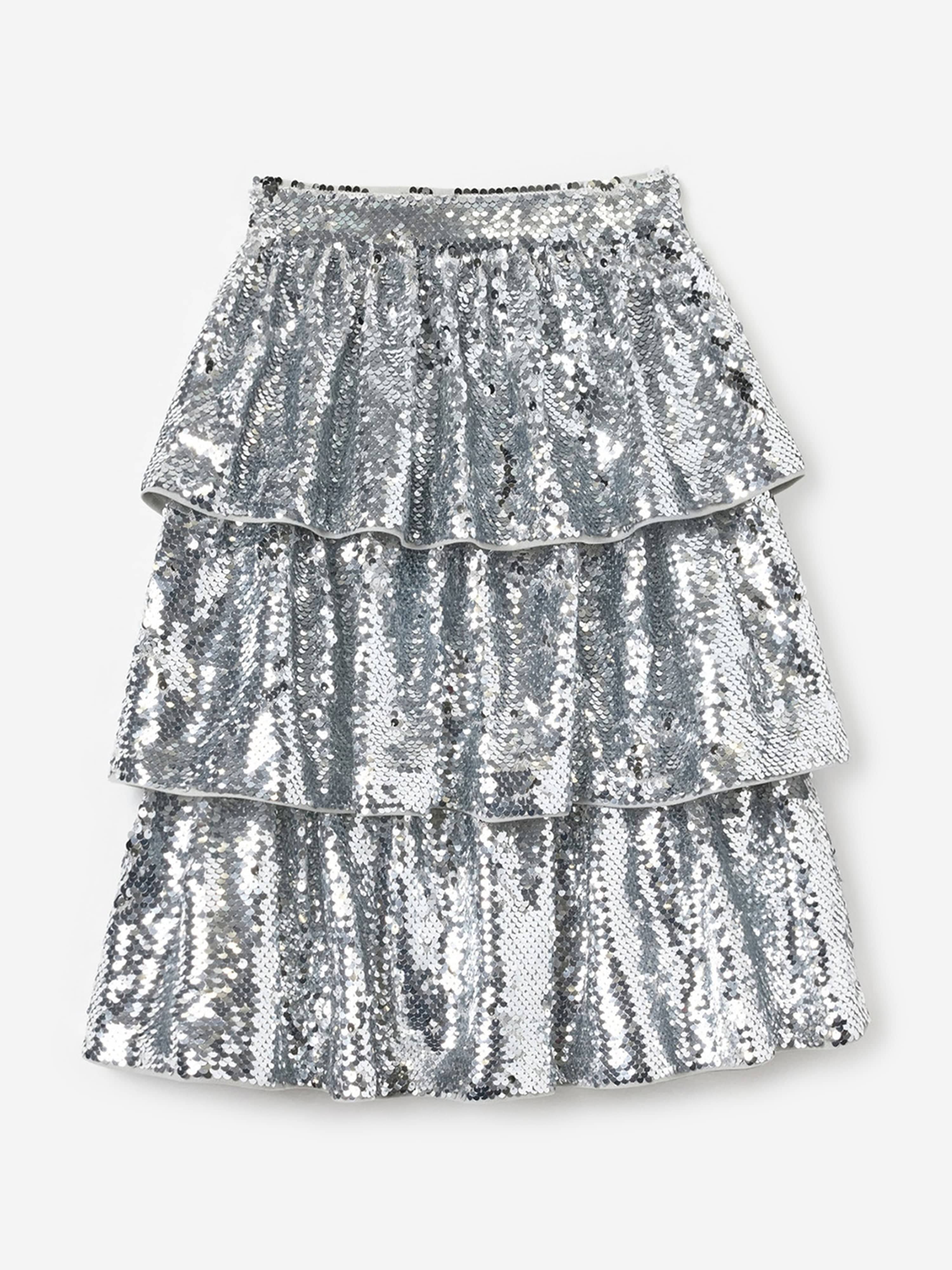 Self Portrait Girls Sequin Tiered Skirt in Silver