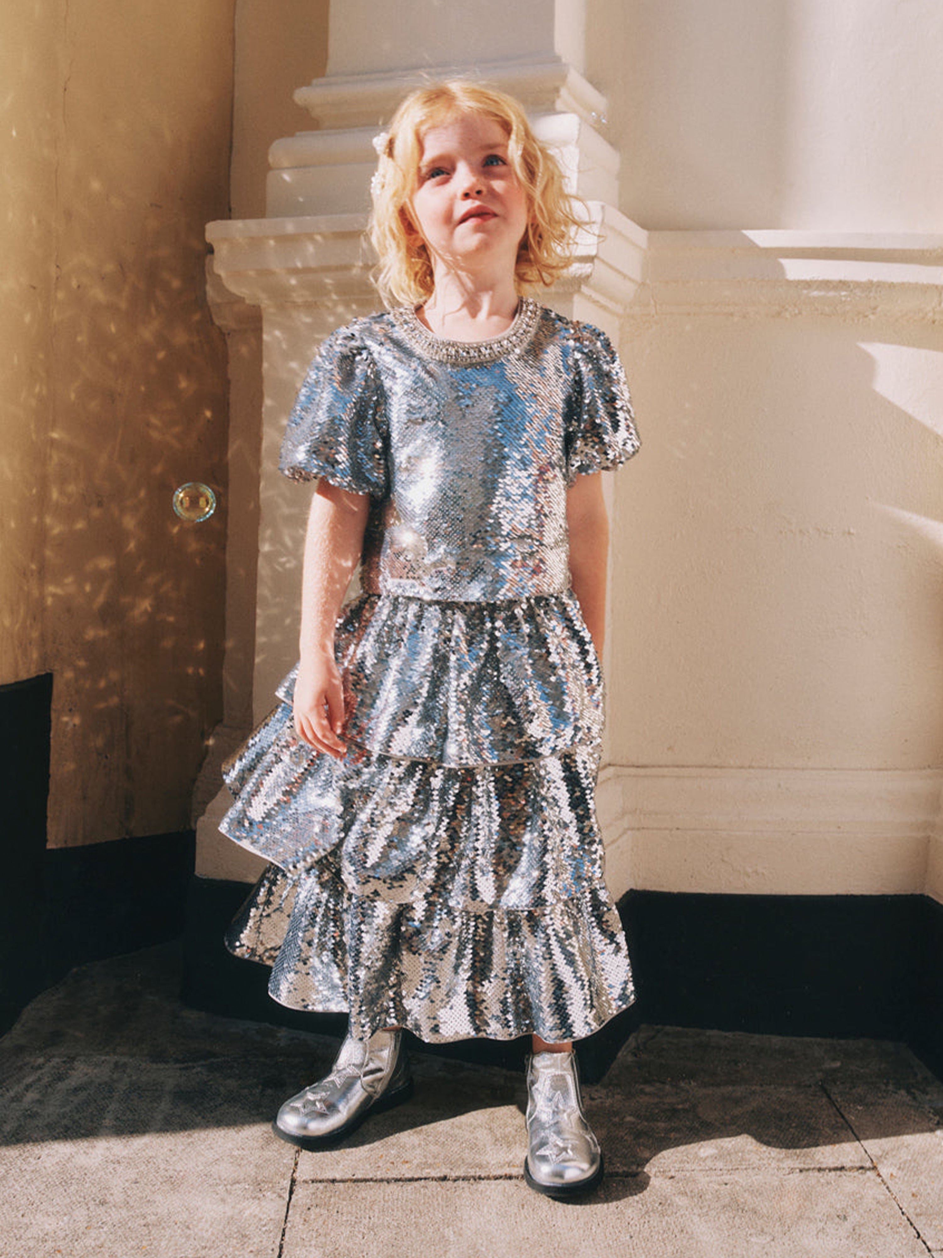 Self Portrait Girls Sequin Tiered Skirt in Silver
