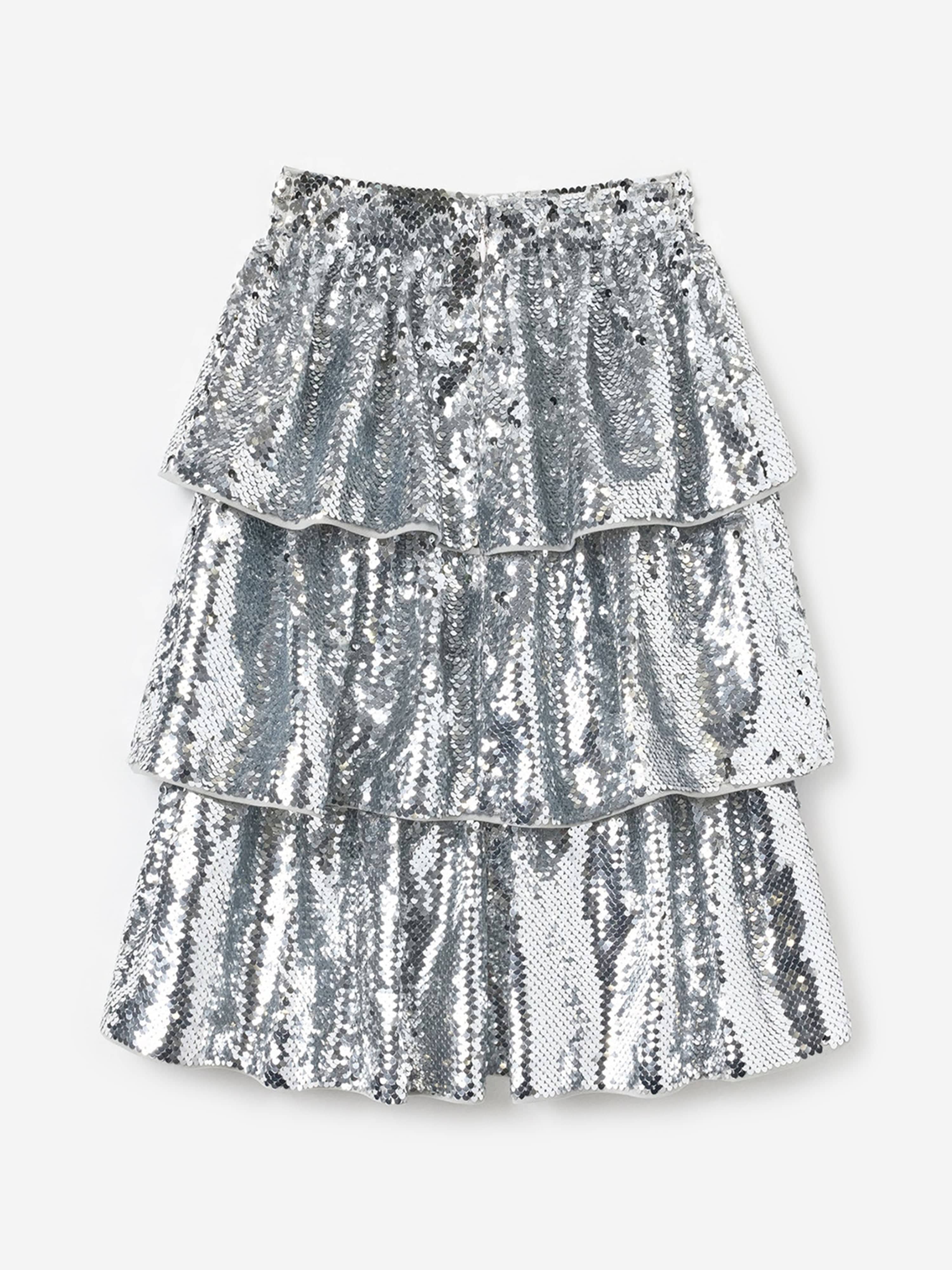 Self Portrait Girls Sequin Tiered Skirt in Silver