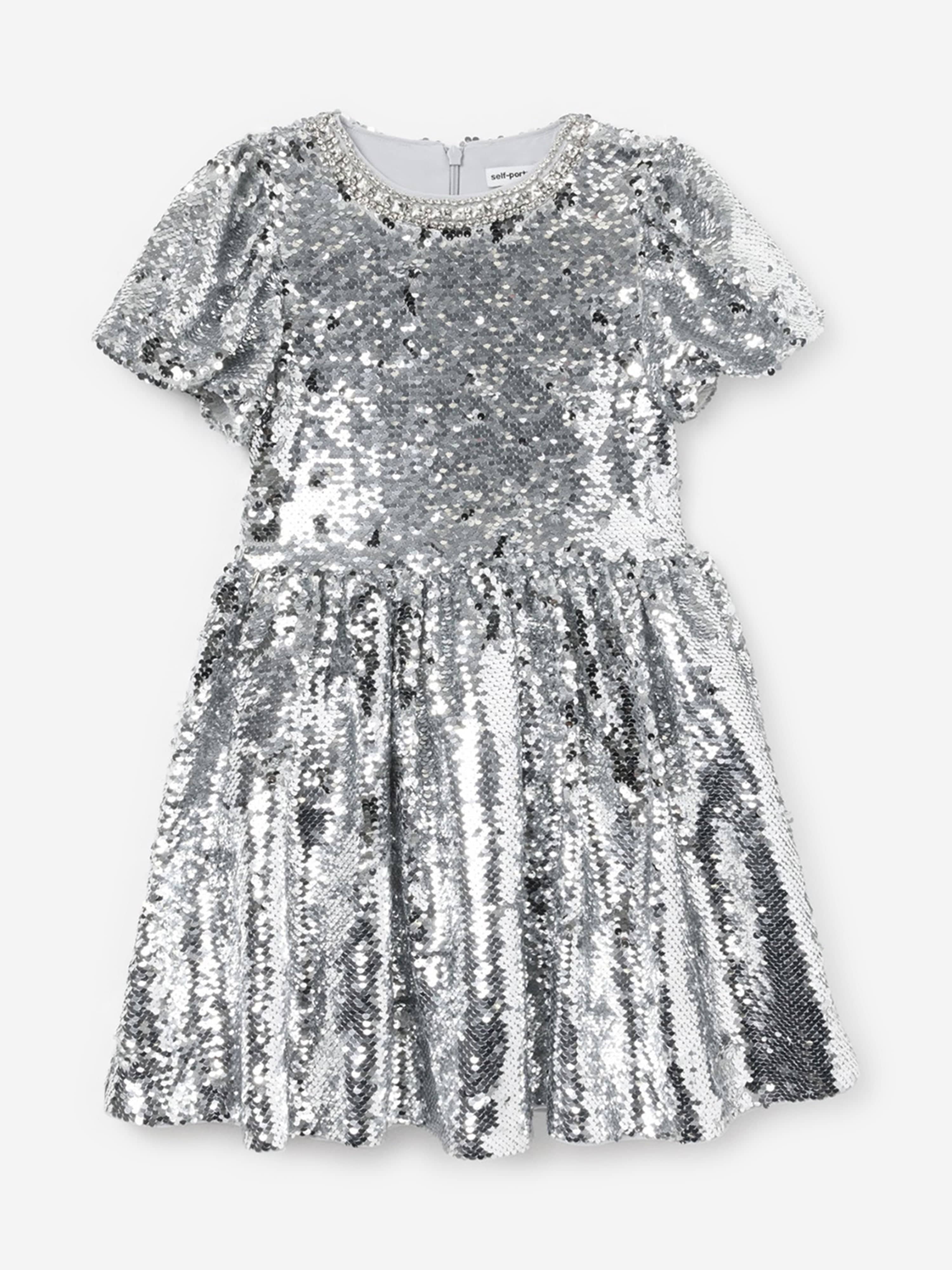 Self Portrait Girls Sequin Dress in Silver