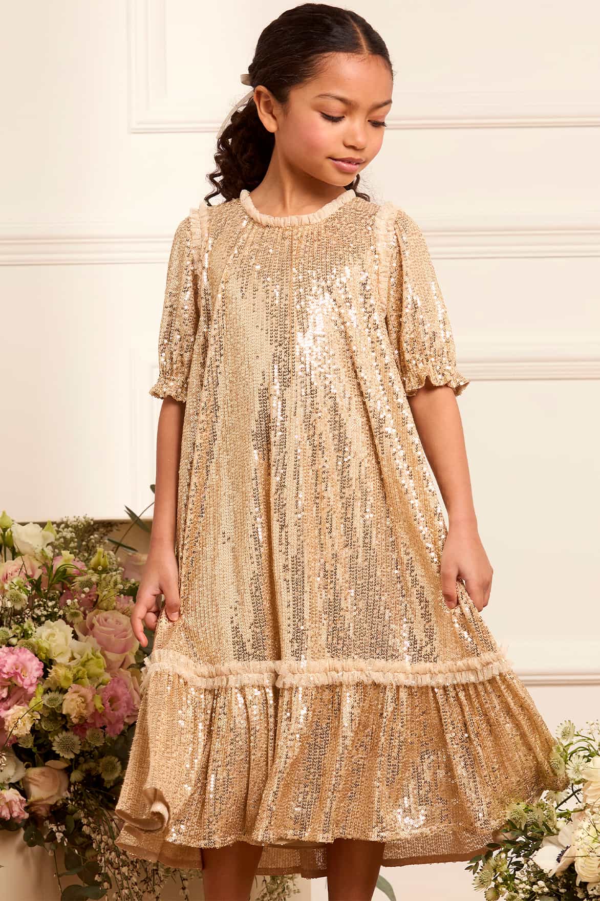 Needle & Thread Girls Sequin Starlight Dress Gold