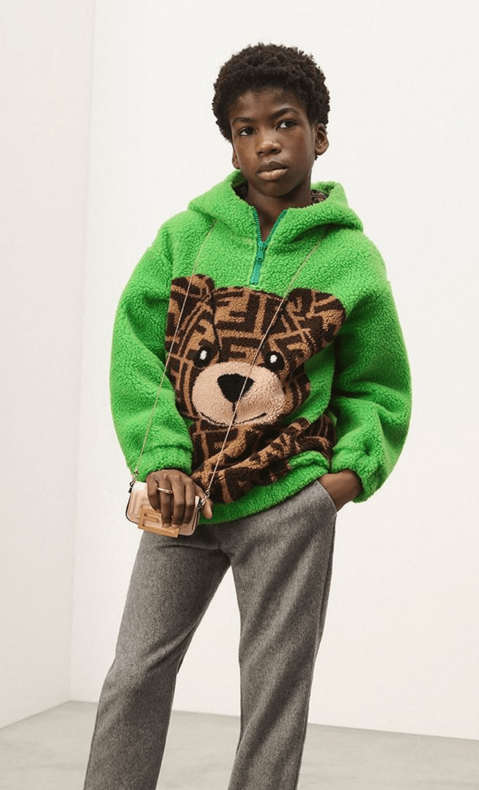 Fendi Kids Wool Bear Hoodie in Green