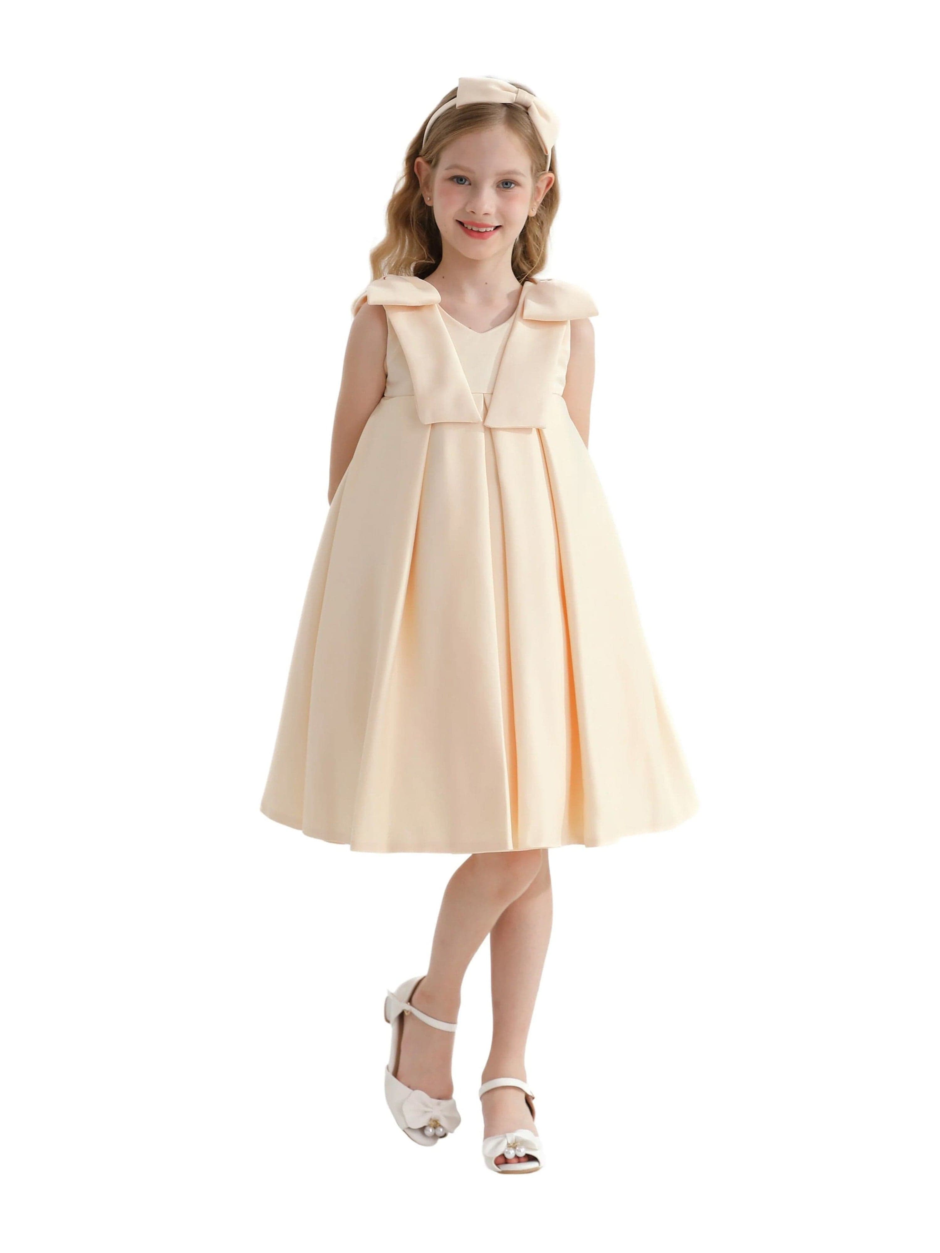 Champagne Gold Palermo Satin Bow Pleated Dress