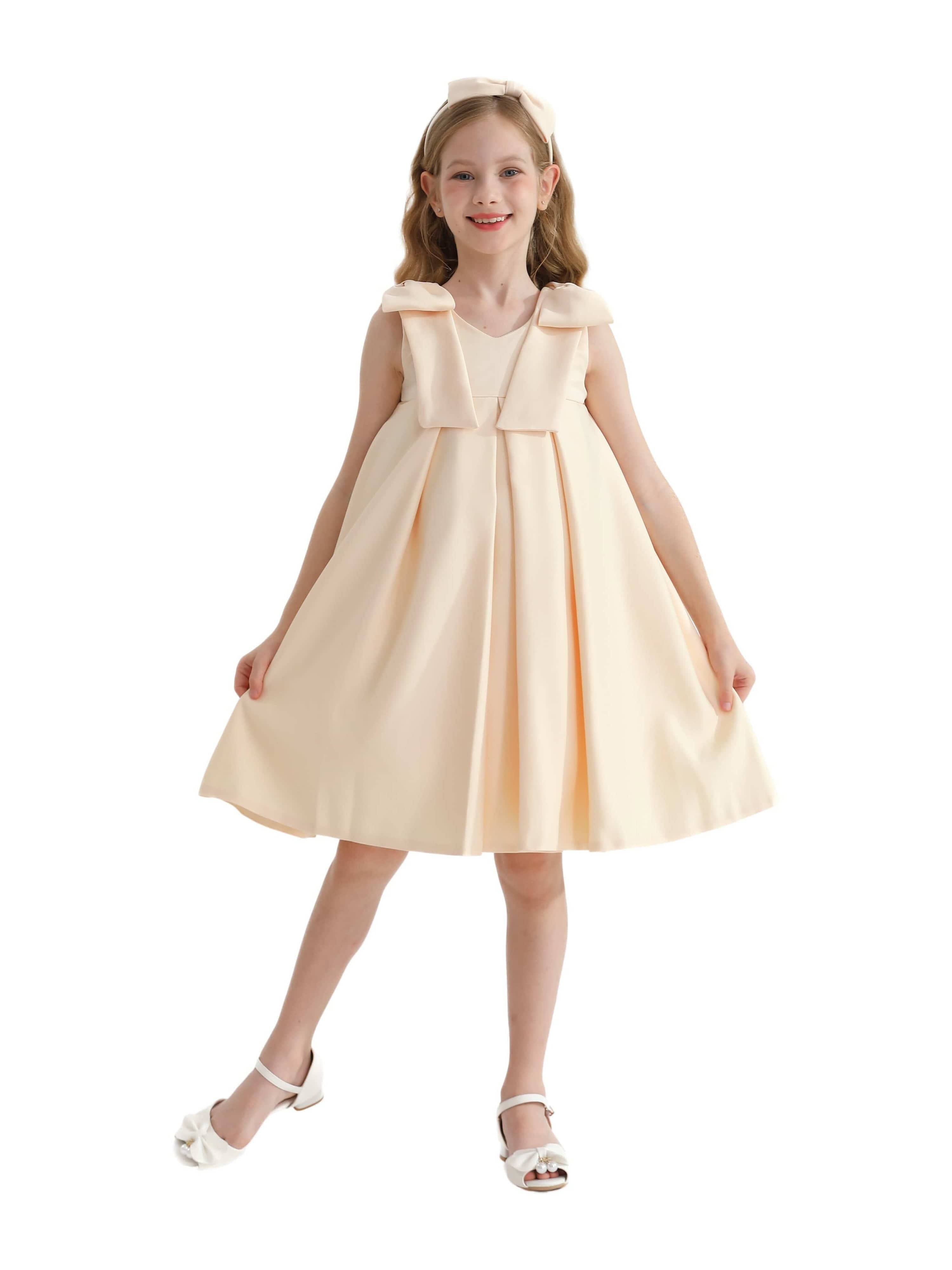 Champagne Gold Palermo Satin Bow Pleated Dress