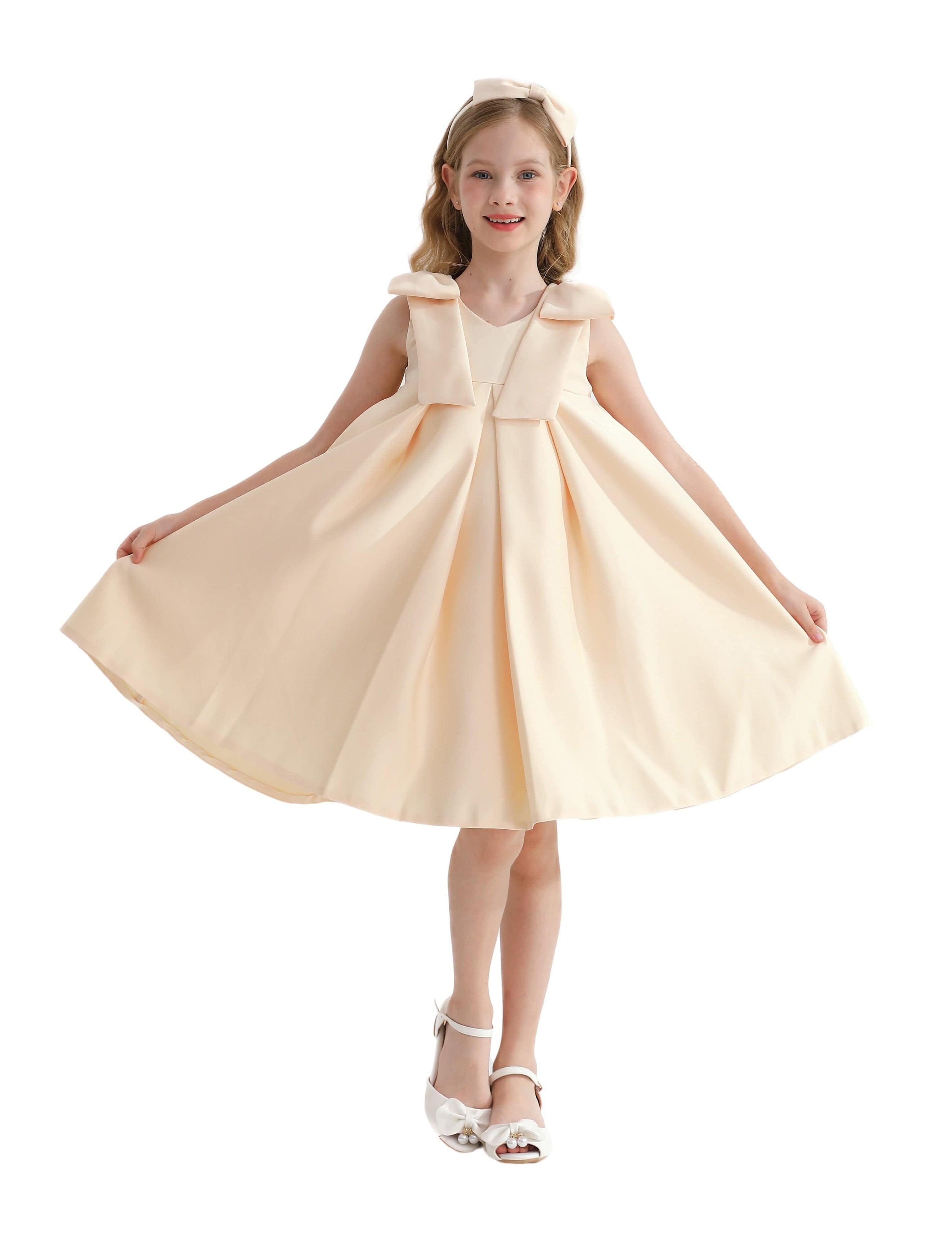 Champagne Gold Palermo Satin Bow Pleated Dress