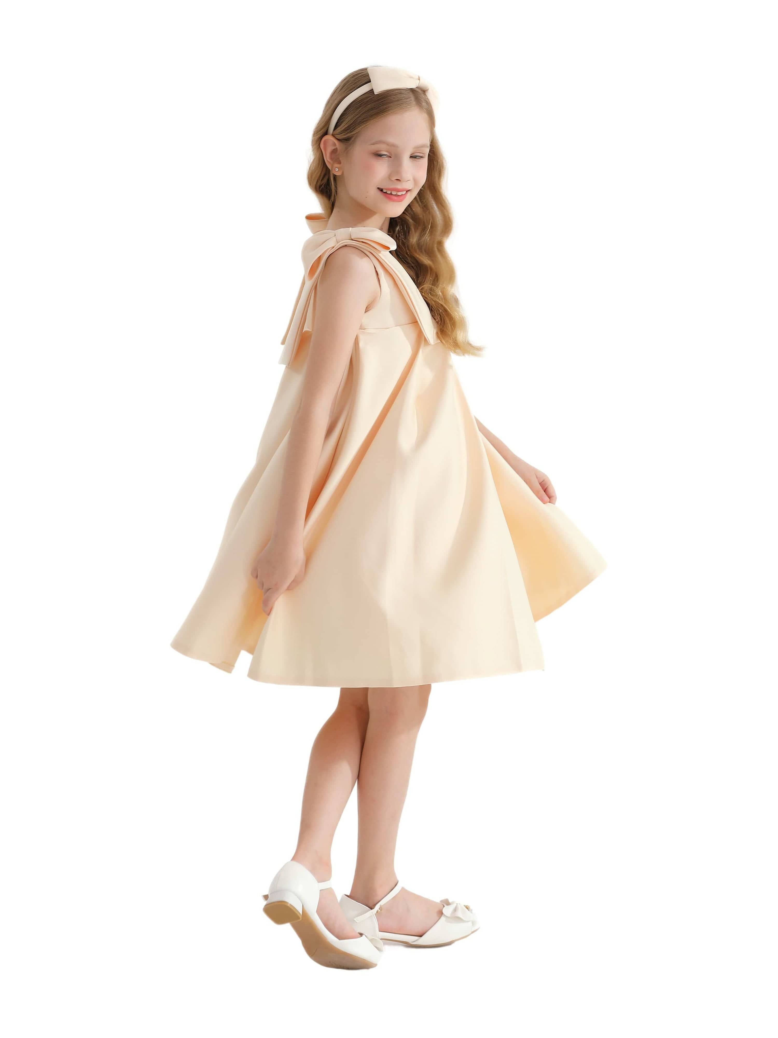 Champagne Gold Palermo Satin Bow Pleated Dress