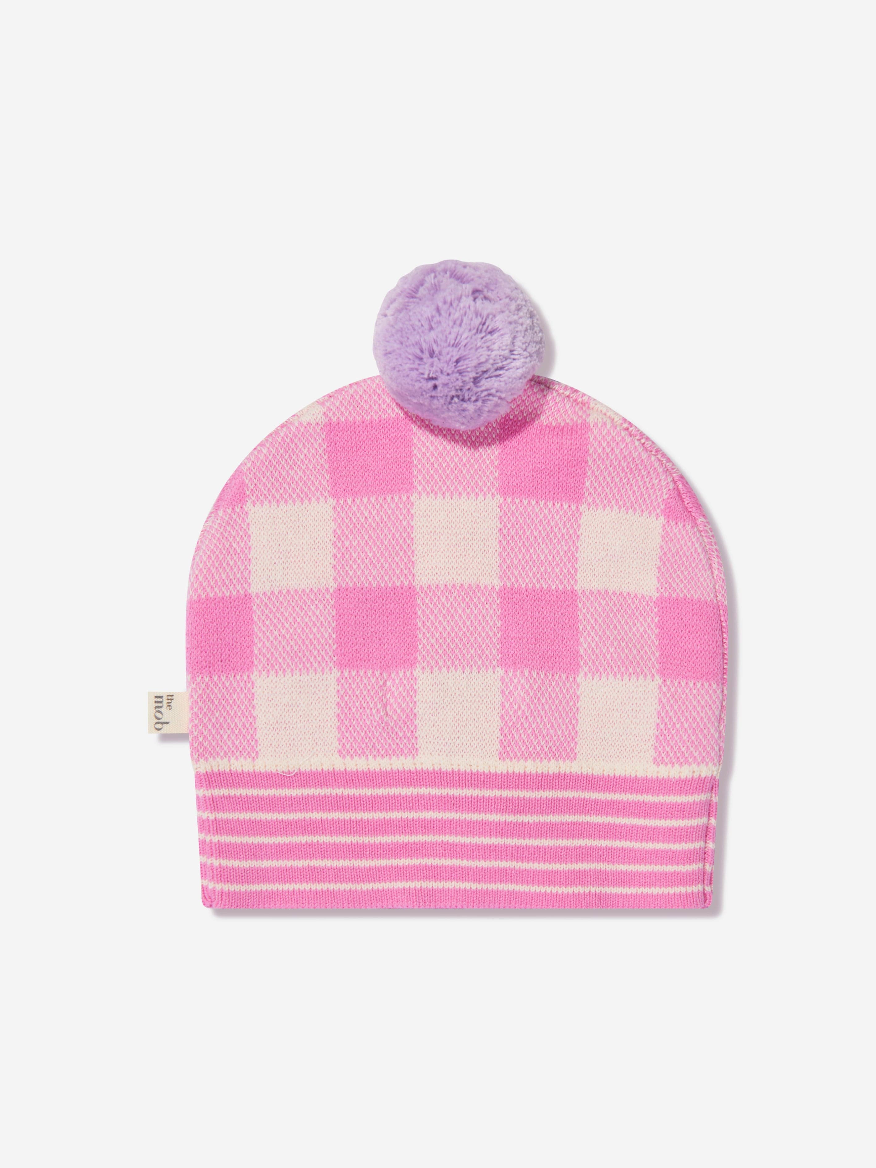 The Bonnie Mob Girls Check Jacquard Knit Hat in Pink