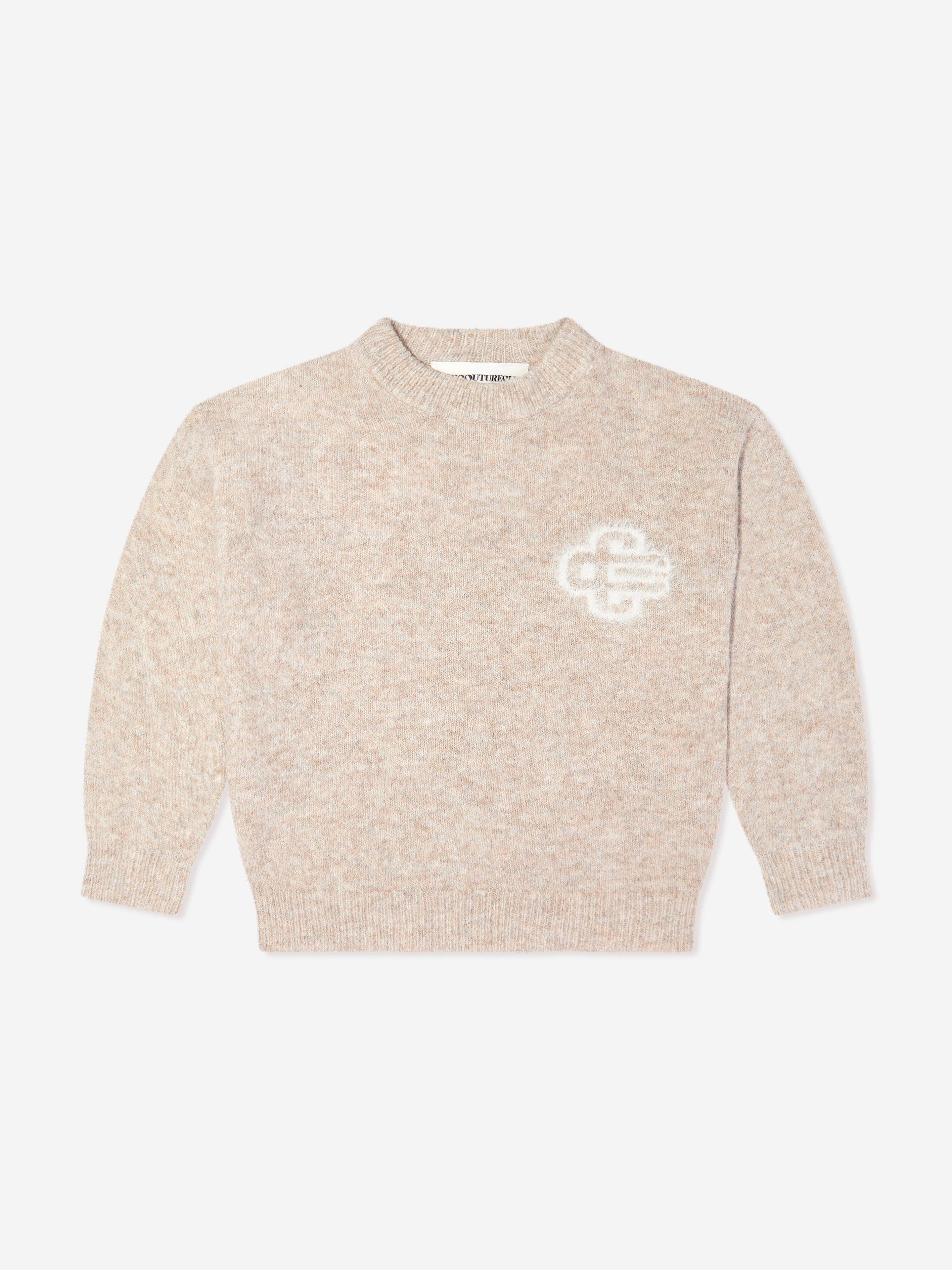 The Couture Club Kids Fluffy Knit Emblem Jumper in Beige