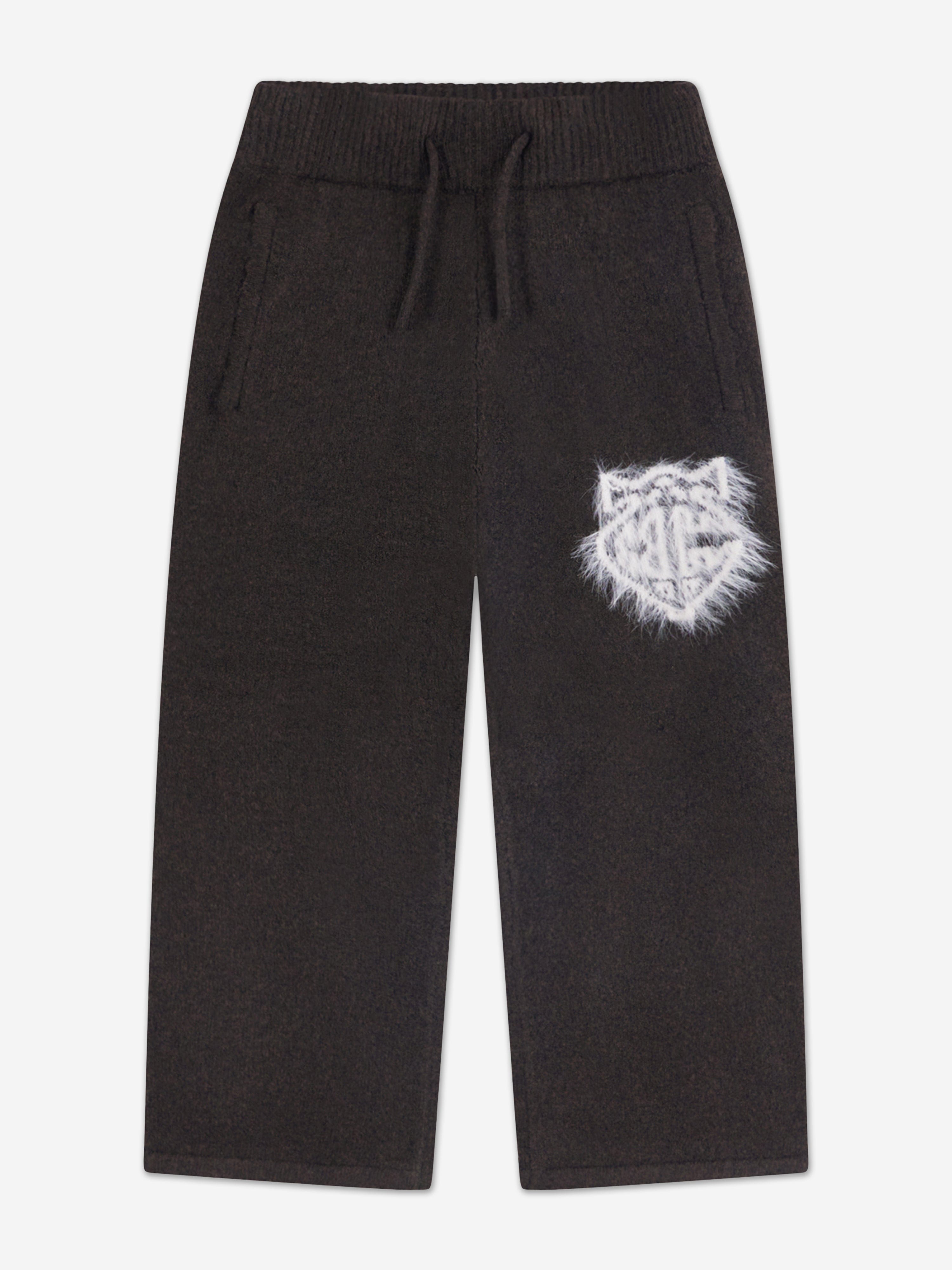 The Couture Club Kids Monogram Emblem Fluffy Knit Joggers in Brown