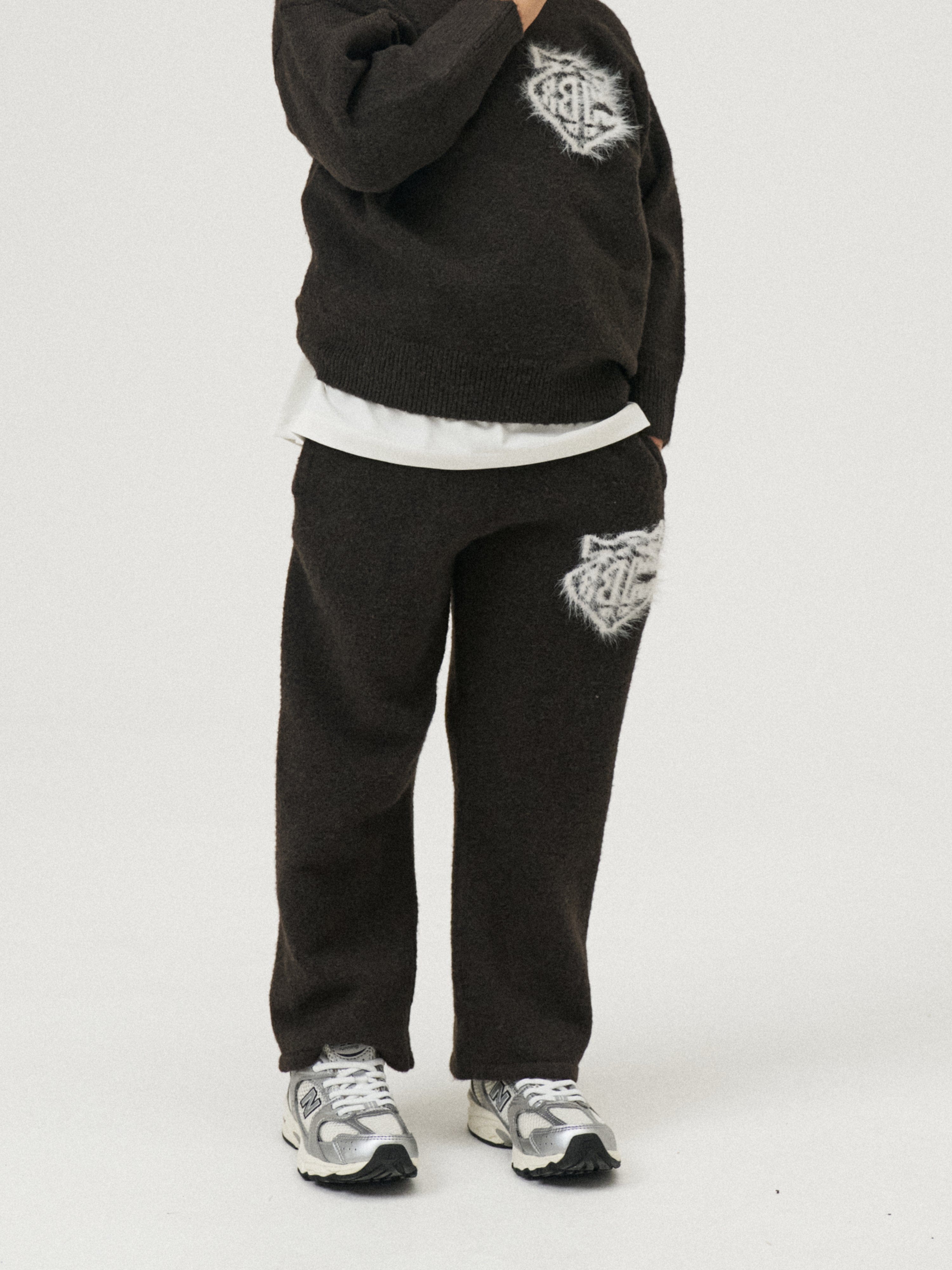 The Couture Club Kids Monogram Emblem Fluffy Knit Joggers in Brown