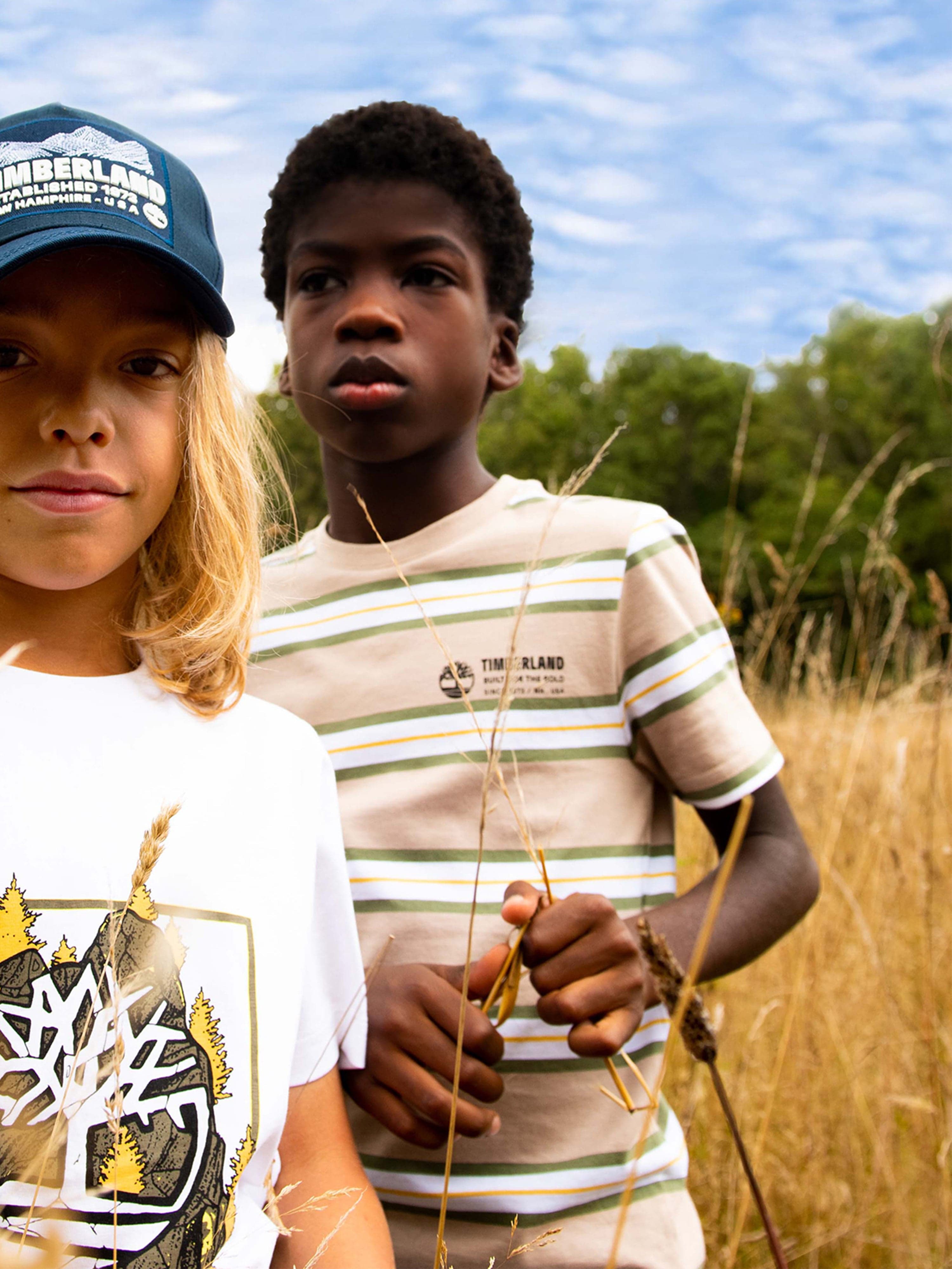 Timberland Boys Striped Logo T-Shirt in Beige