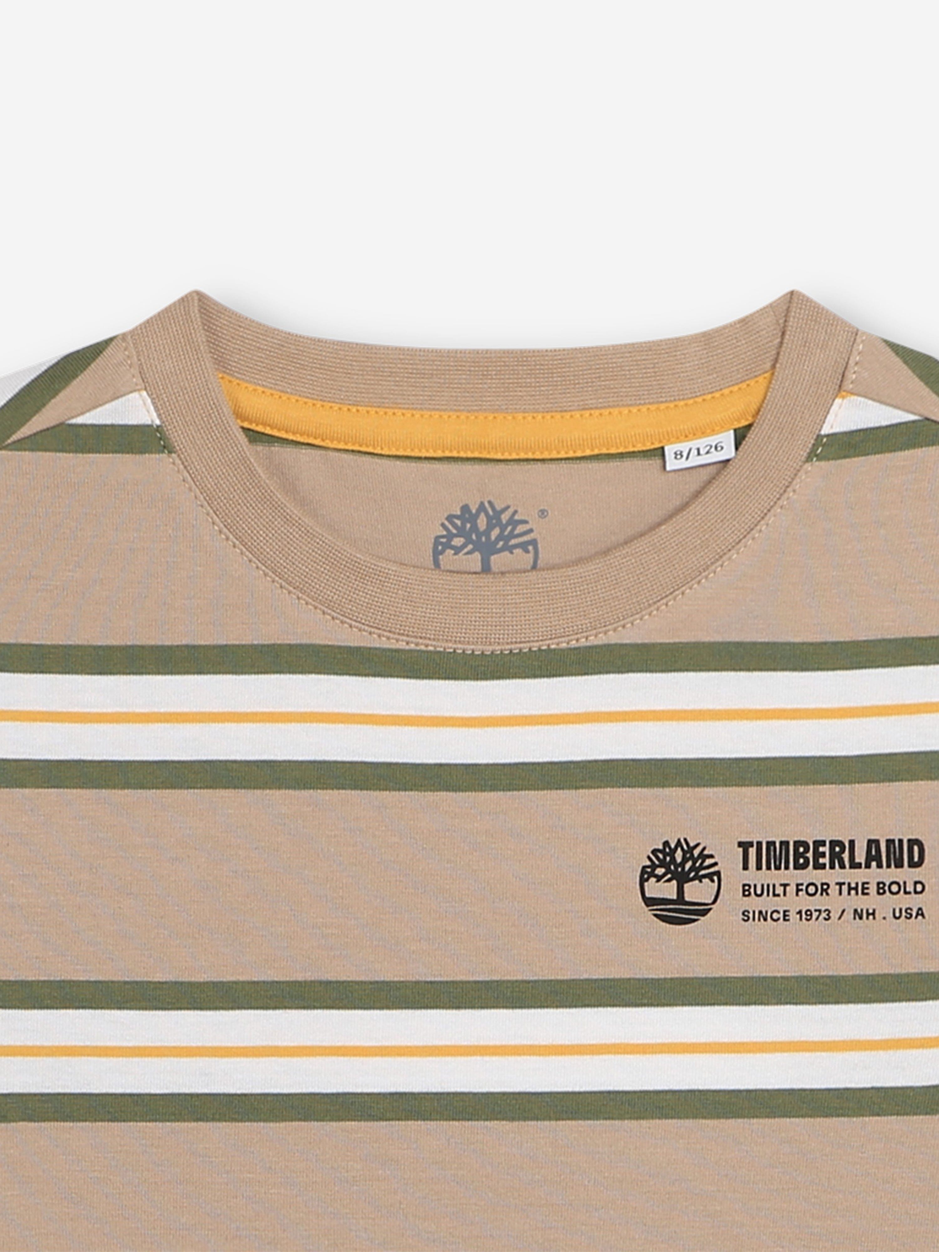 Timberland Boys Striped Logo T-Shirt in Beige