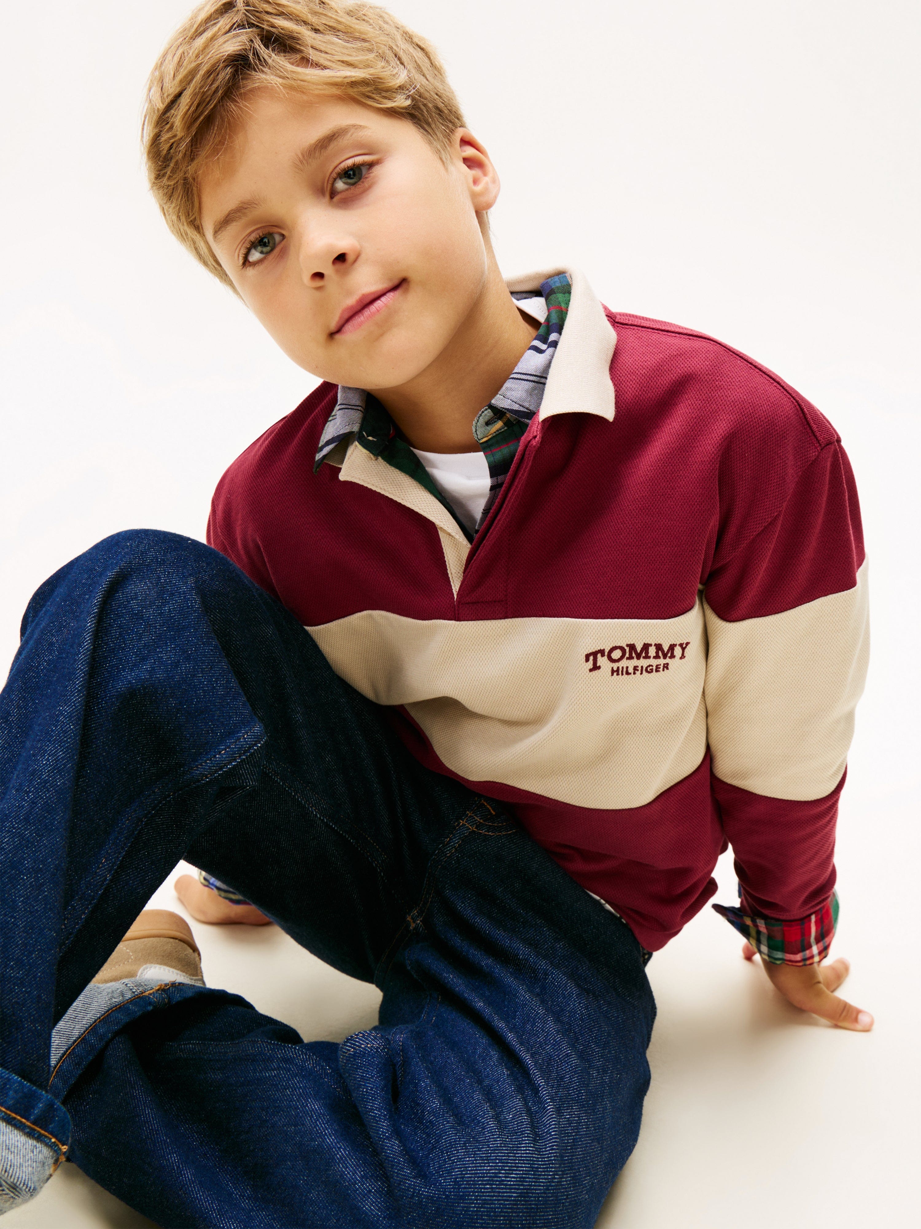 Tommy Hilfiger Boys Colourblock Long Sleeve Polo Shirt in Red