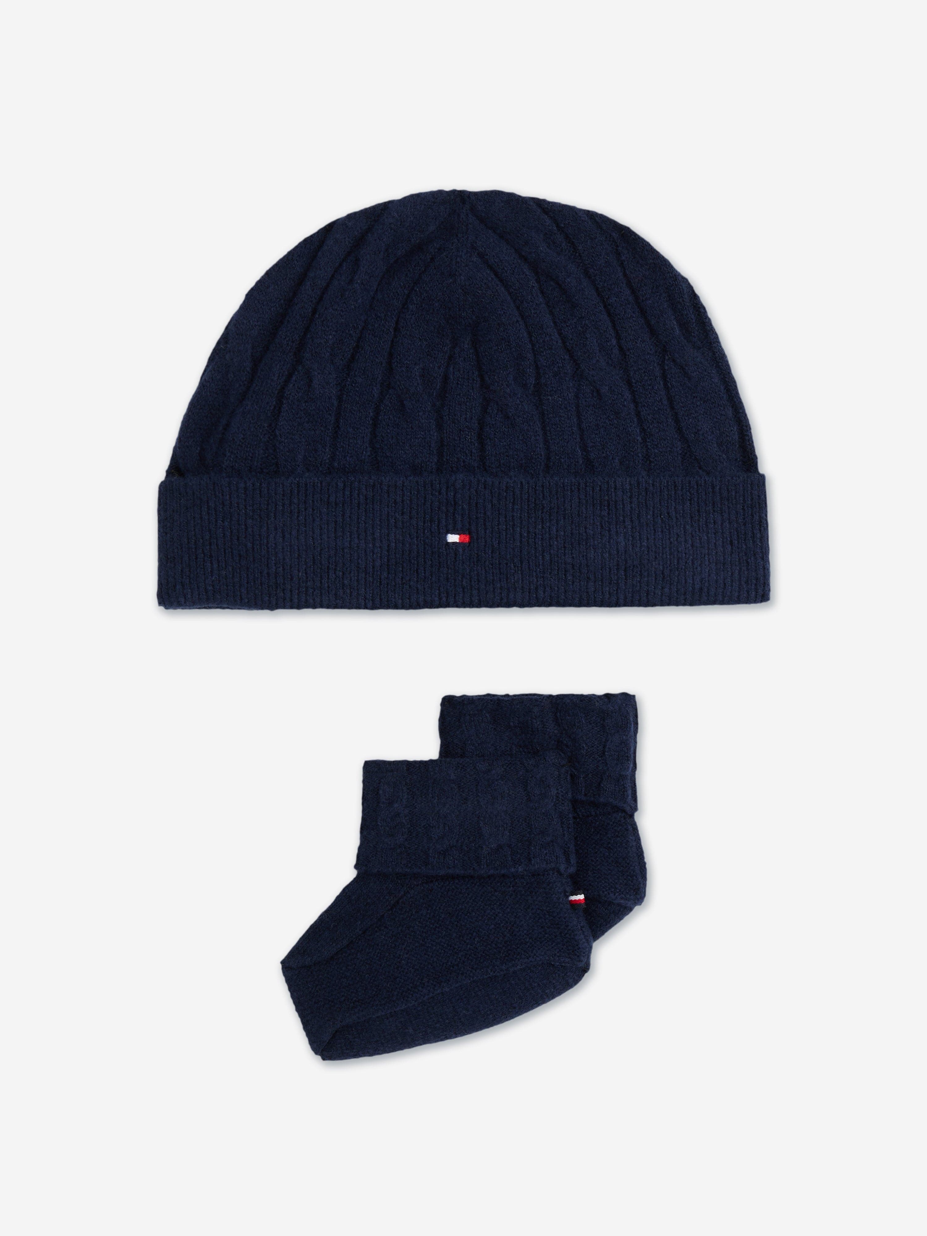 Tommy Hilfiger Baby Boys Cable Knit Beanie and Booties Set in Navy