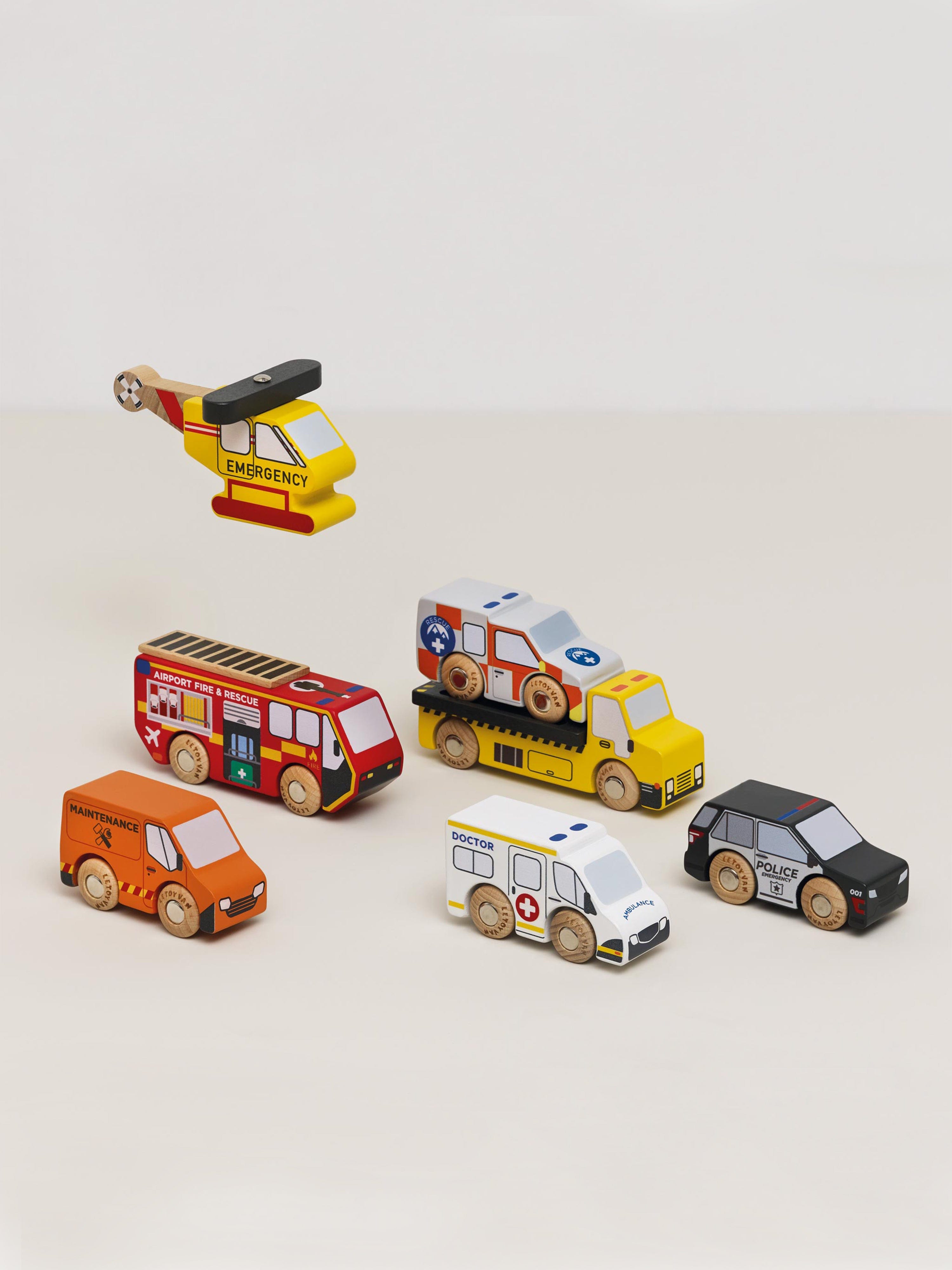 Le Toy Van Emergency Helicopter & Rescue Cars-7 Piece (W:12.3 x D:4 x H:5 cm)