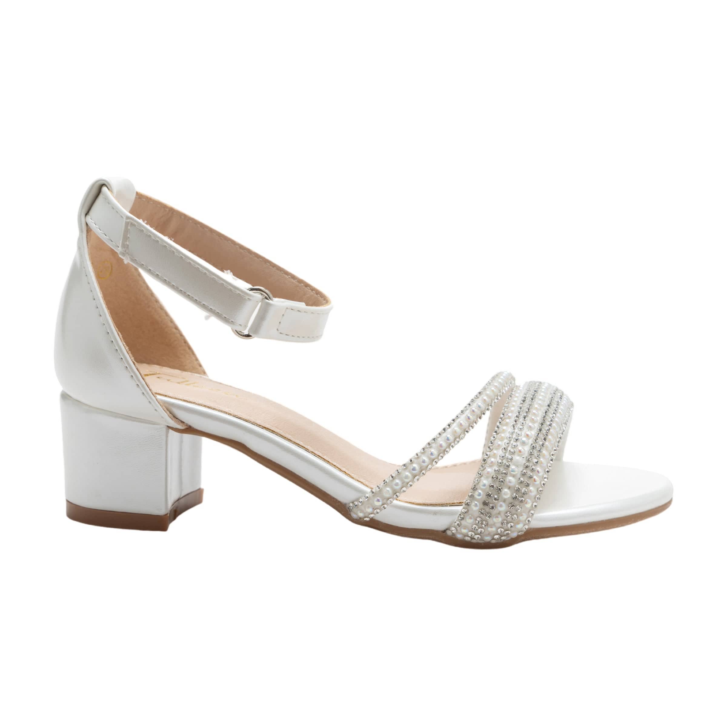 White Diagonal Rhinestone Band Block Heels