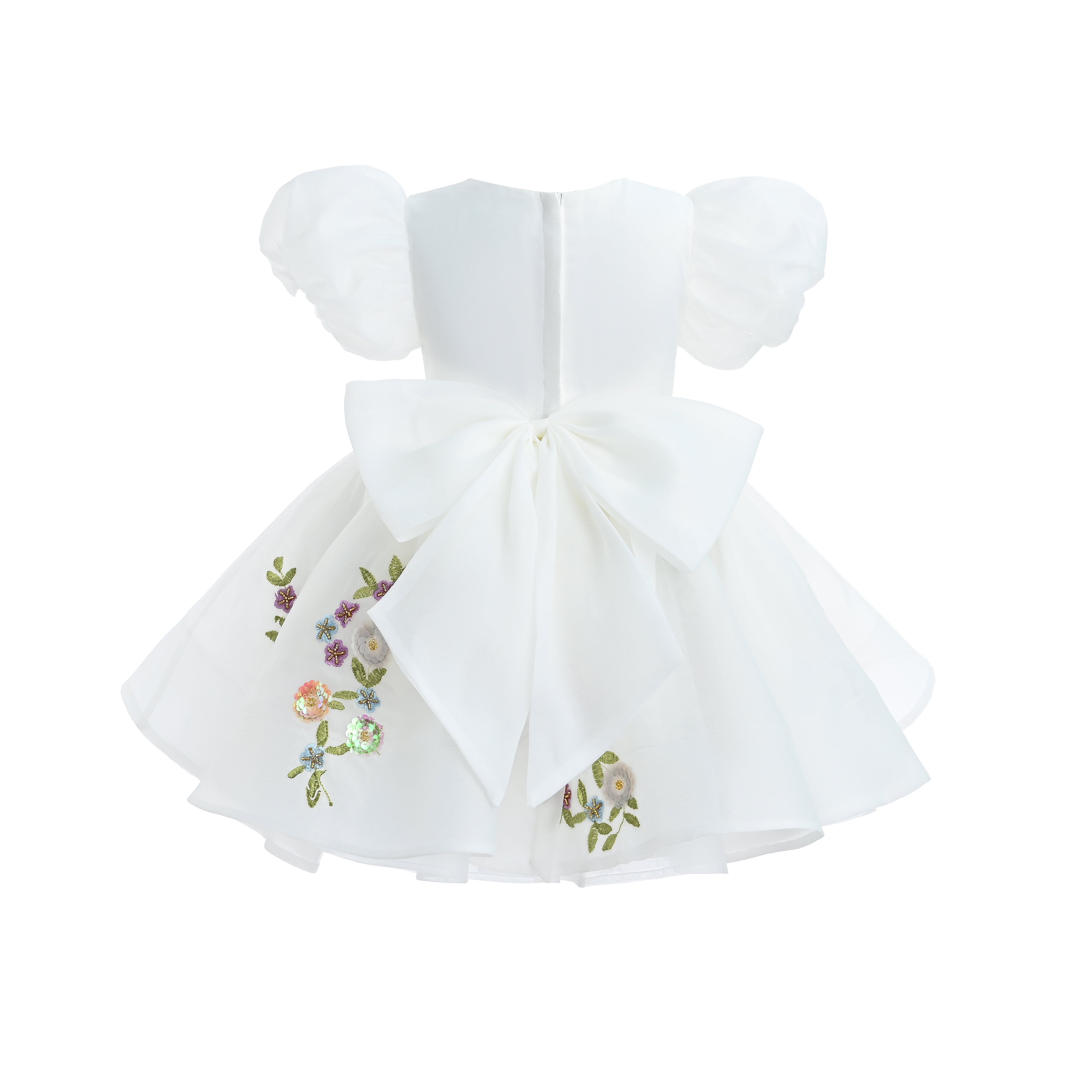 White Embroidered Puff Sleeve Dress