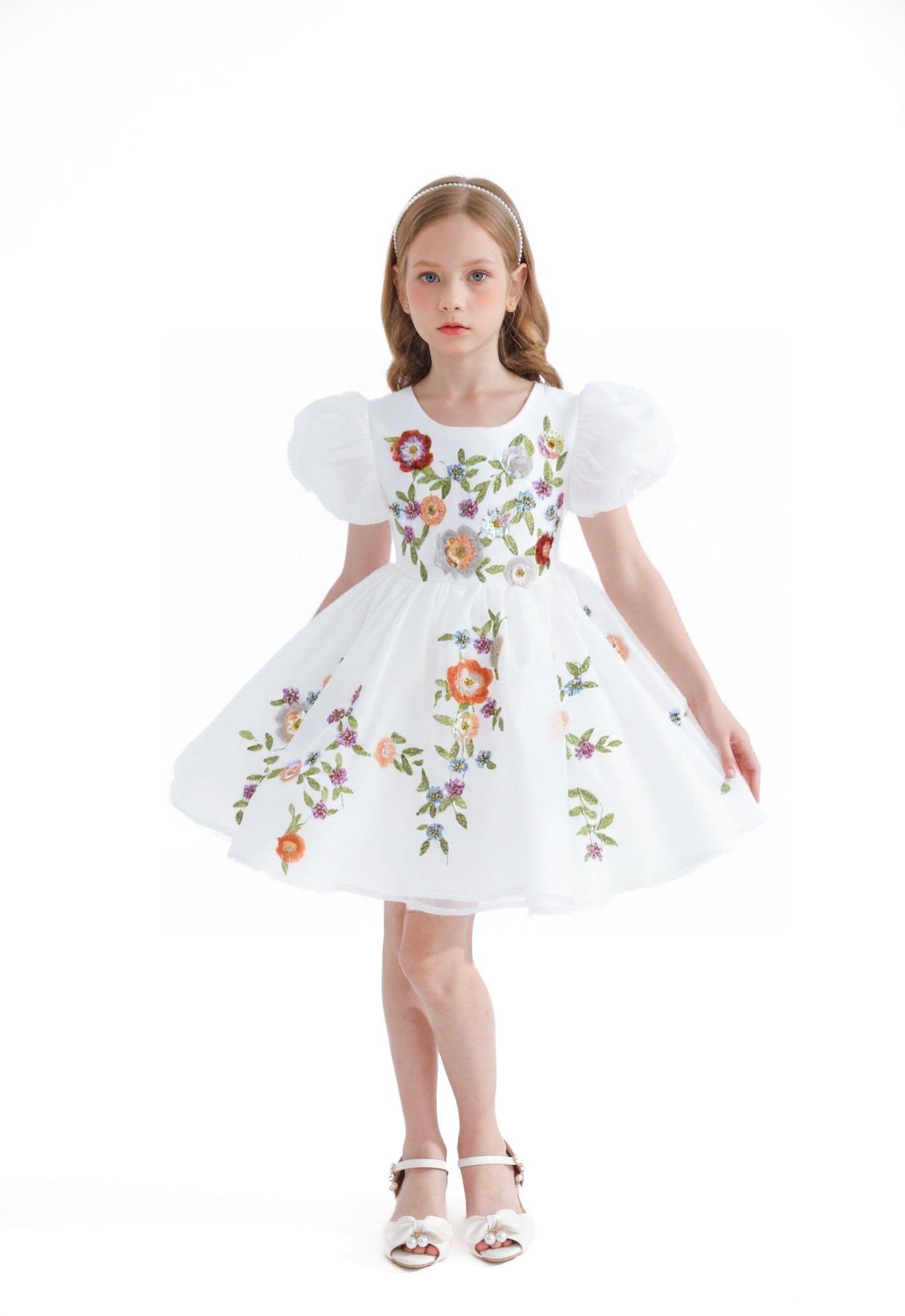 White Embroidered Puff Sleeve Dress