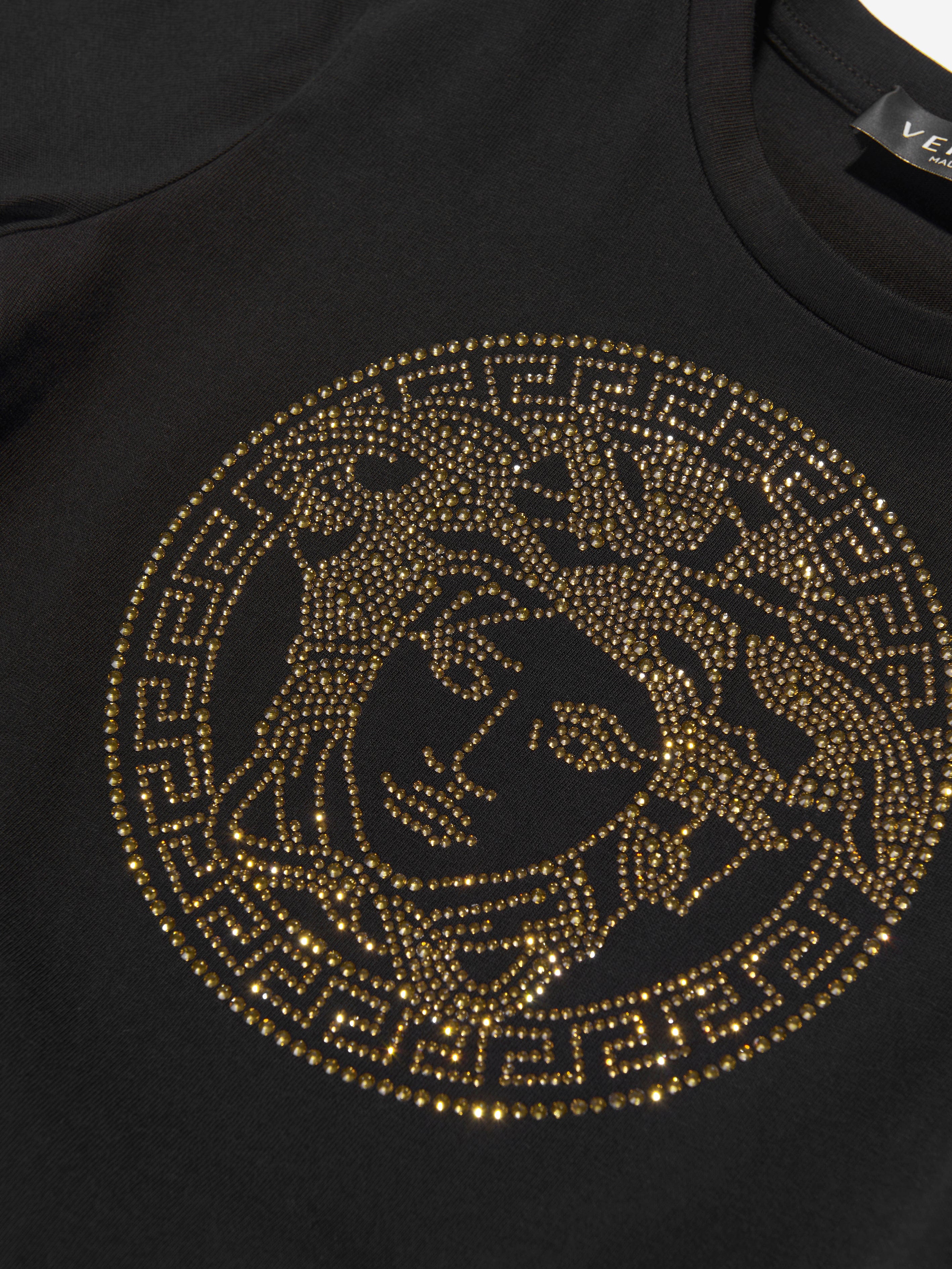 Versace Girls Diamante Logo T-Shirt in Black