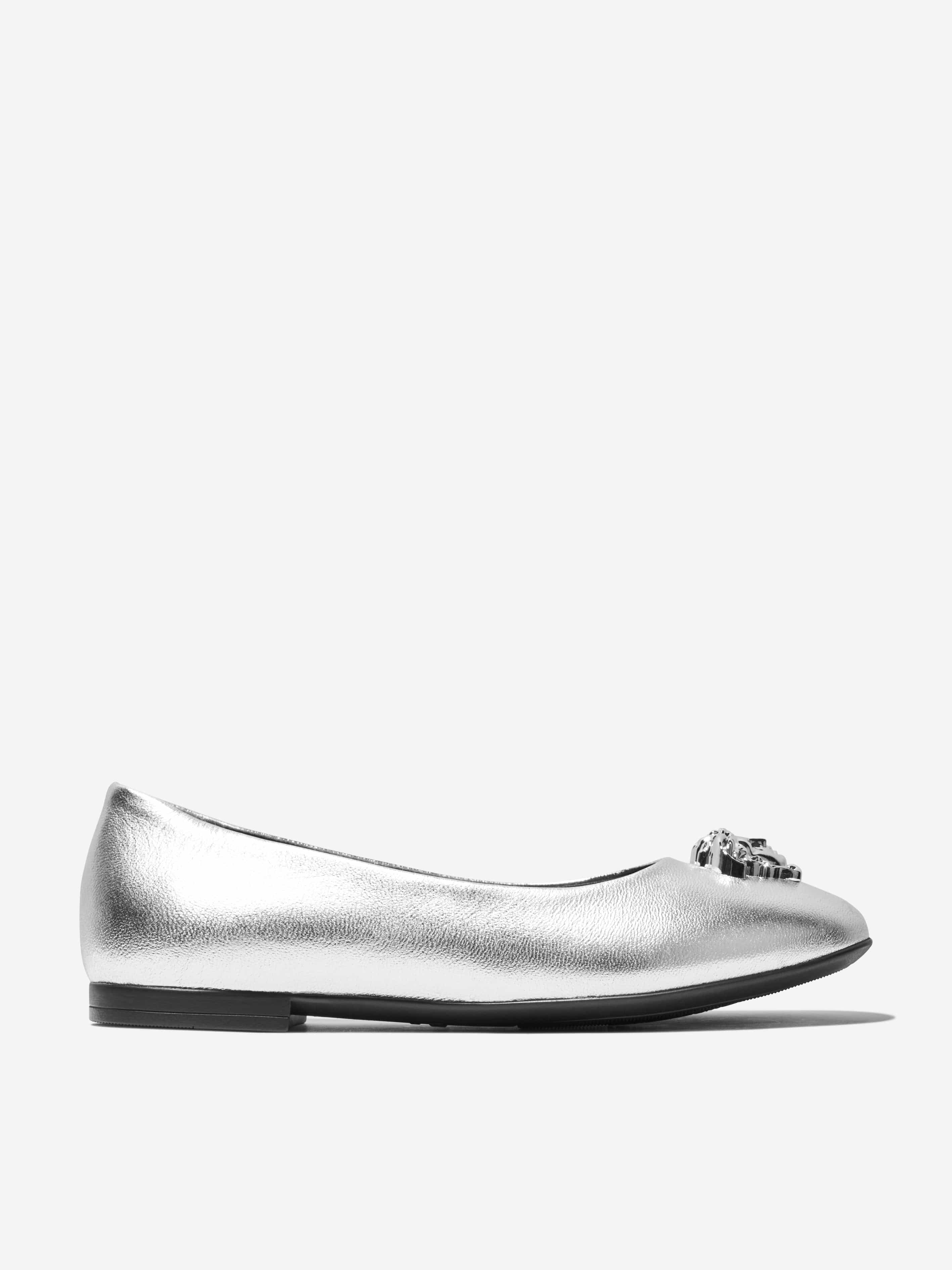 Versace Girls Leather Ballerina Pumps in Silver