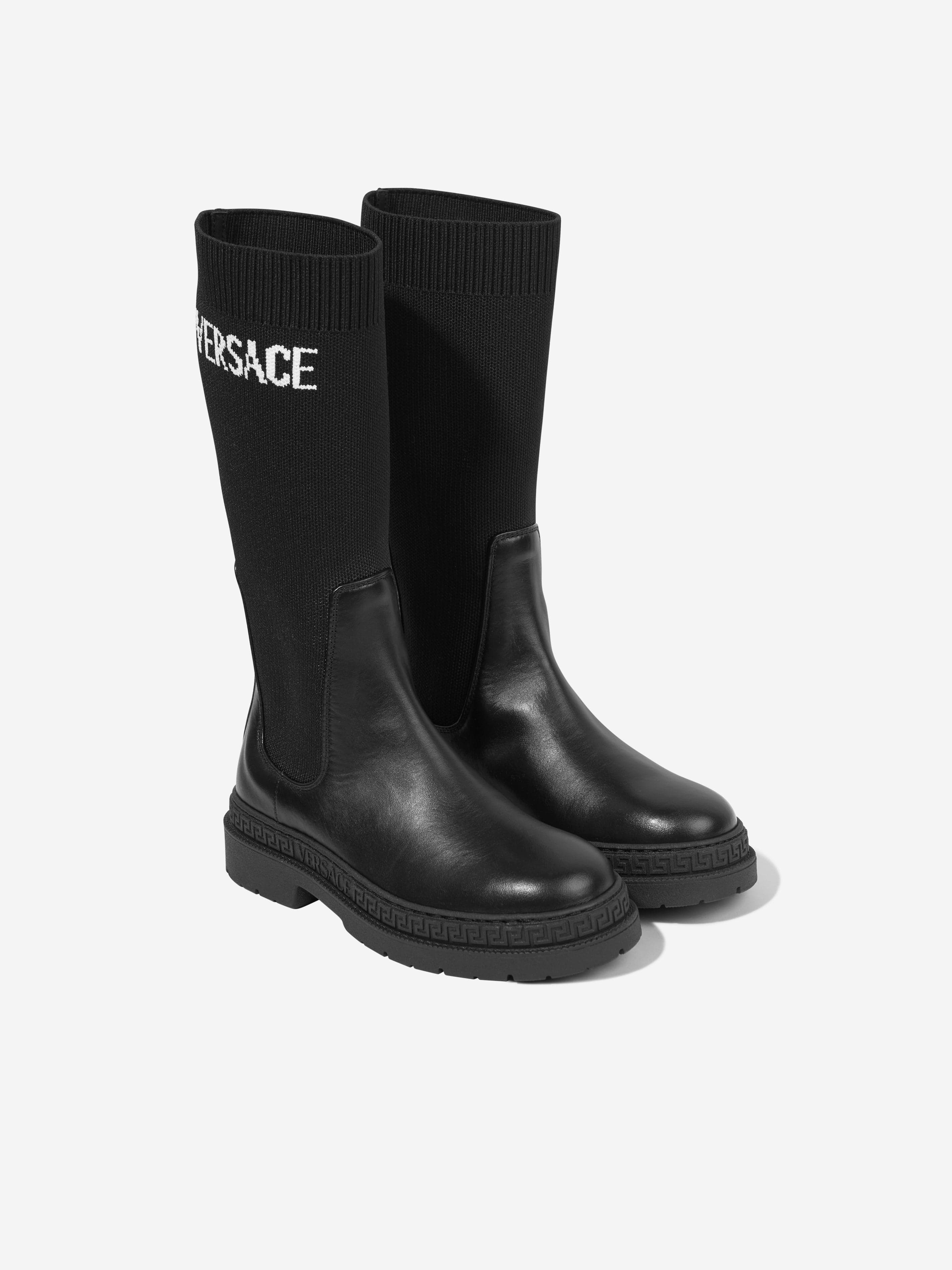 Versace Girls Leather Logo Boots in Black