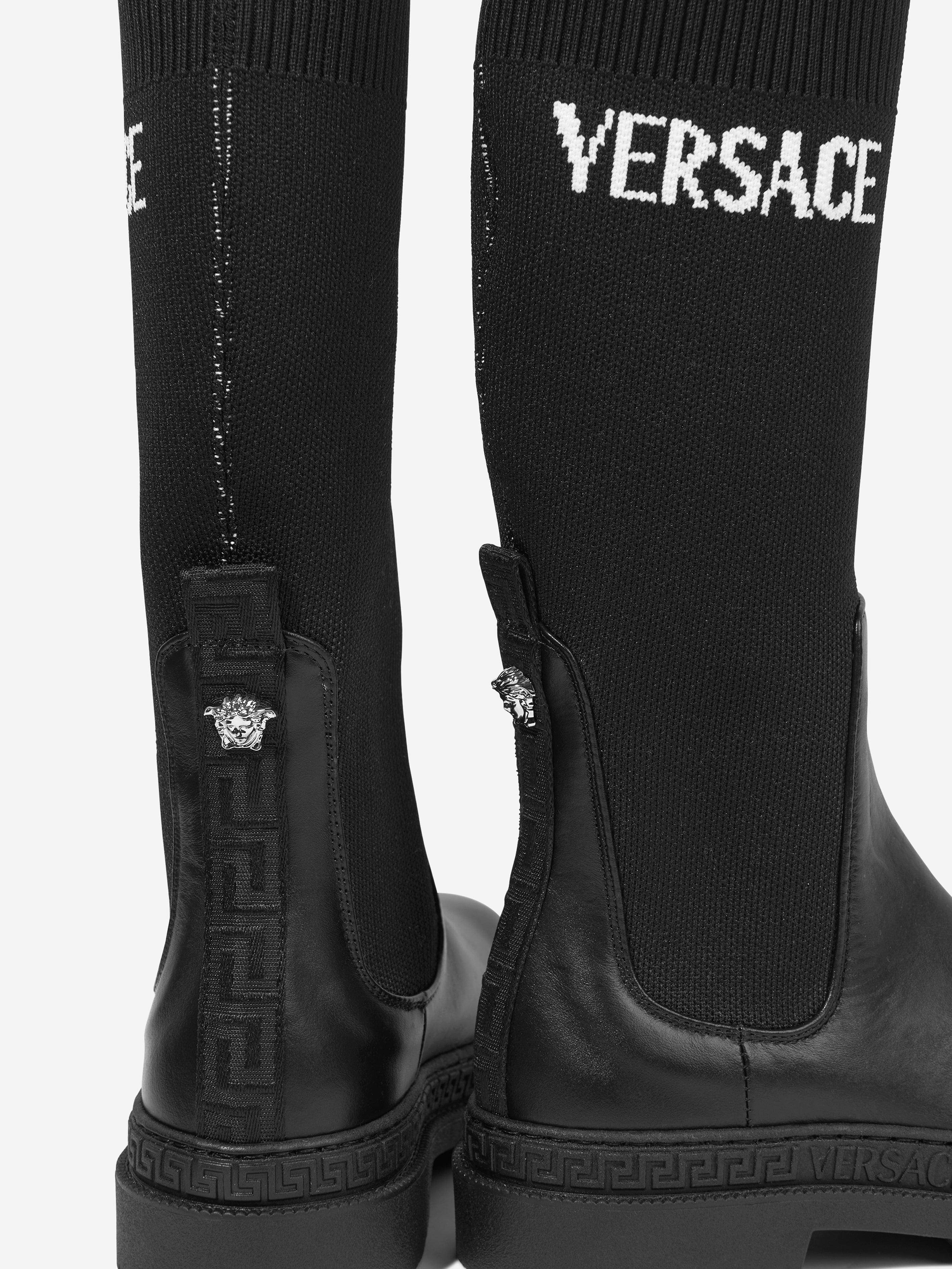 Versace Girls Leather Logo Boots in Black