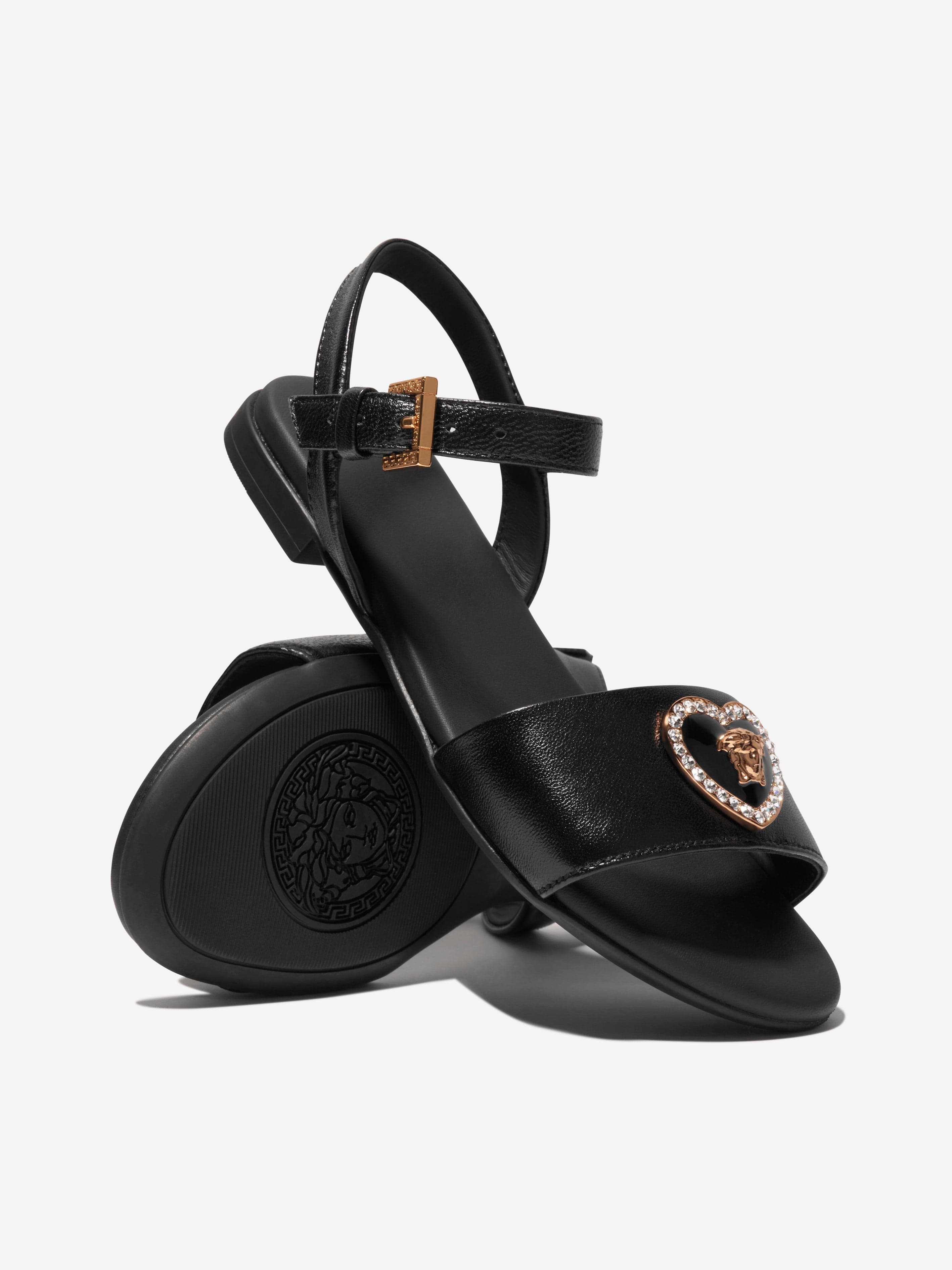 Versace Girls Leather Heart Logo Sandals in Black