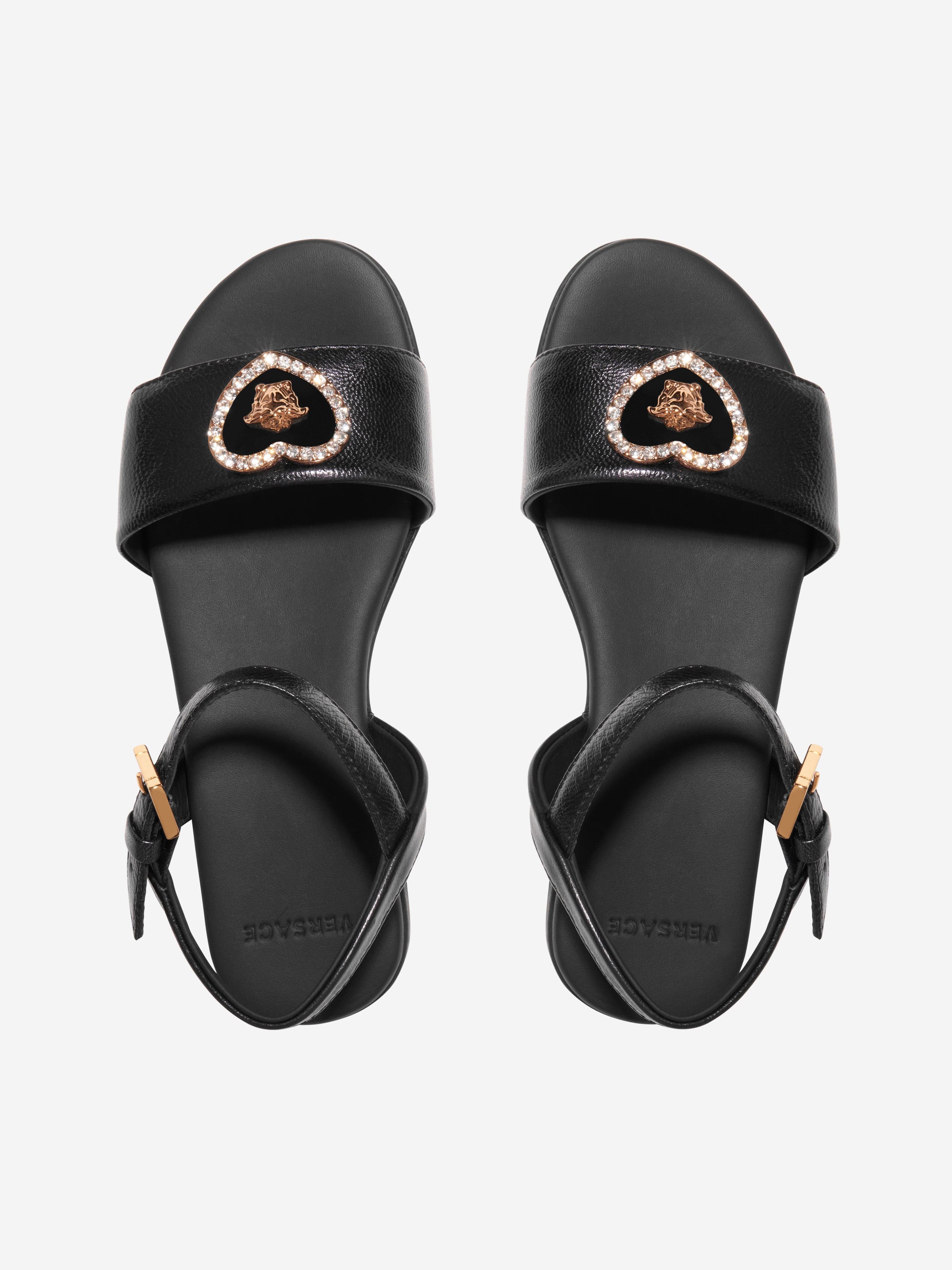 Versace Girls Leather Heart Logo Sandals in Black