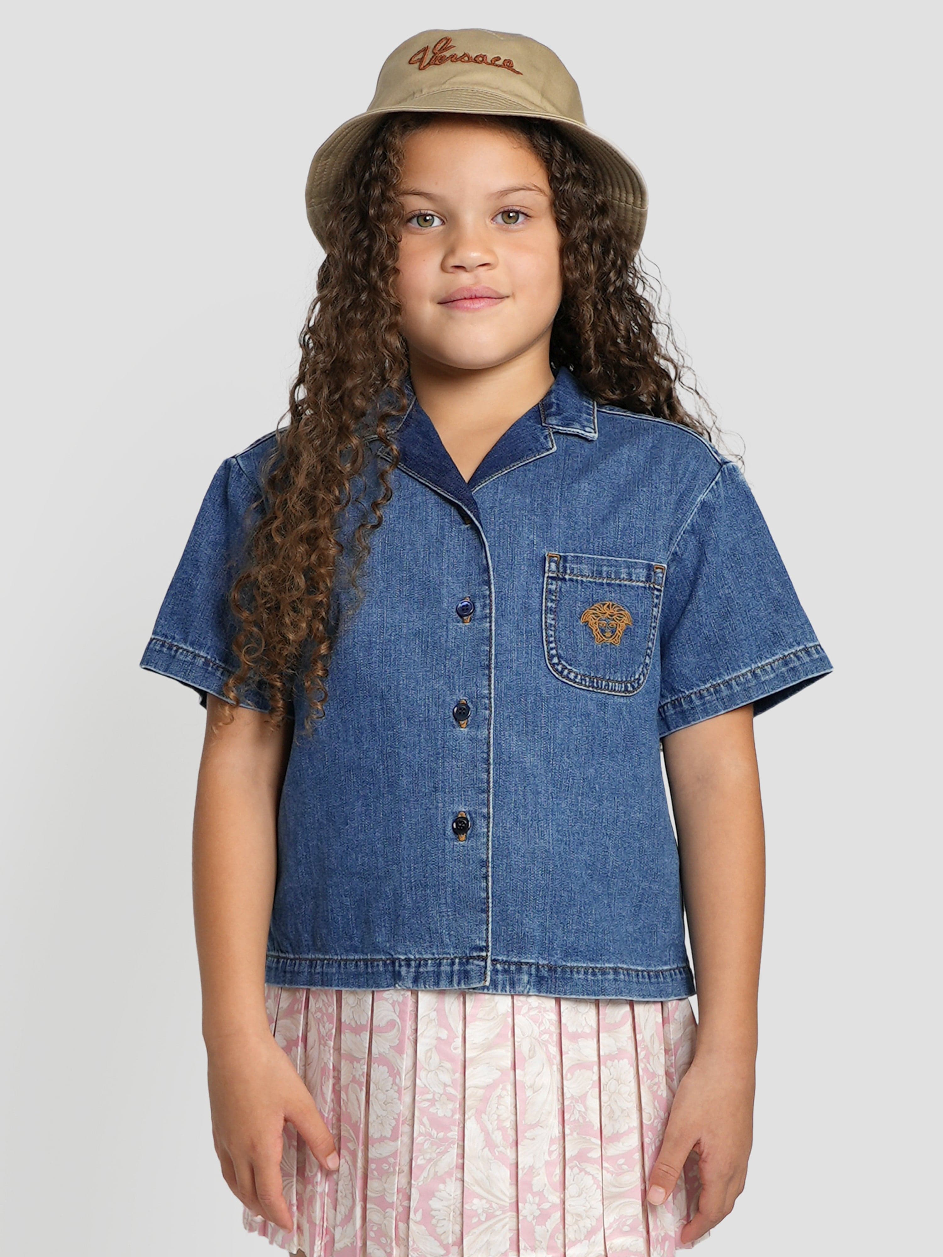 Versace Girls Embroidered Logo Denim Shirt in Blue