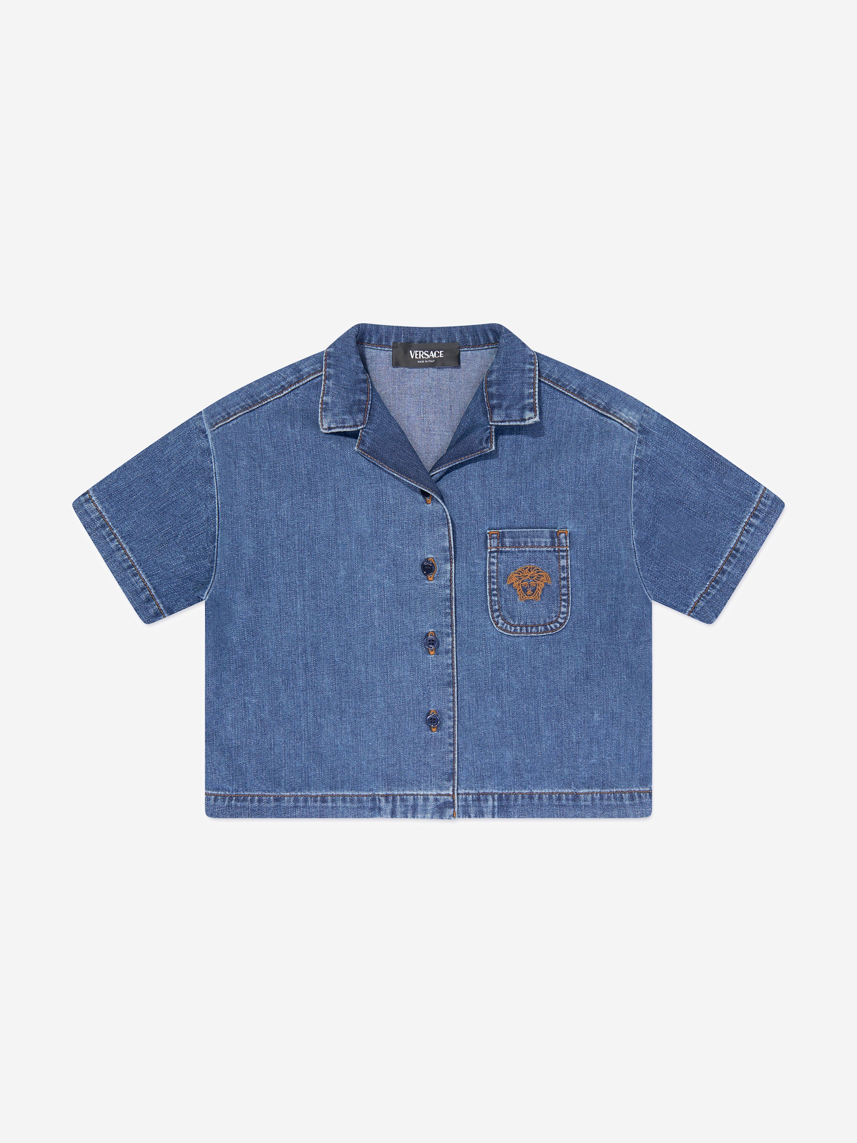 Versace Girls Embroidered Logo Denim Shirt in Blue