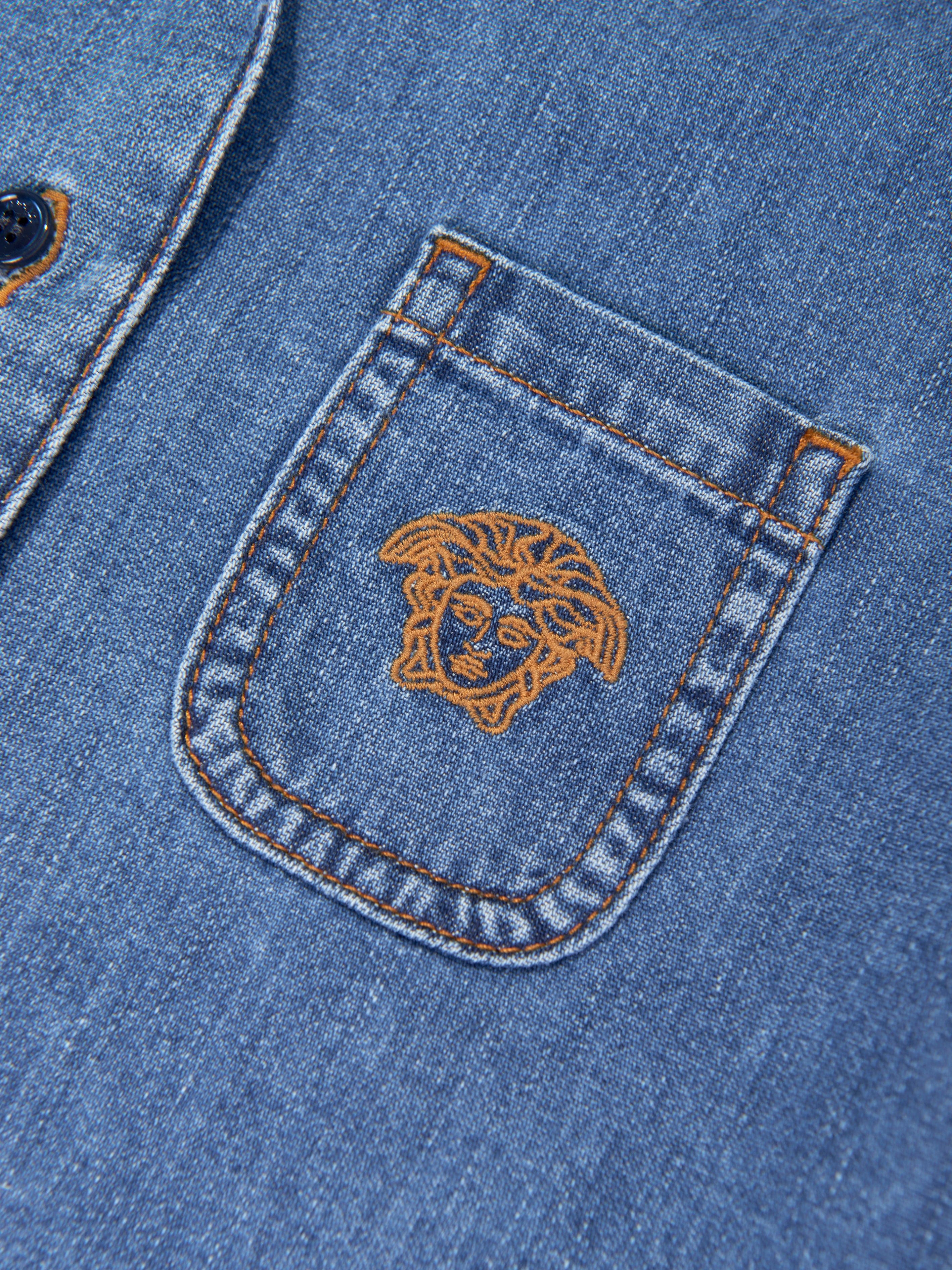 Versace Girls Embroidered Logo Denim Shirt in Blue