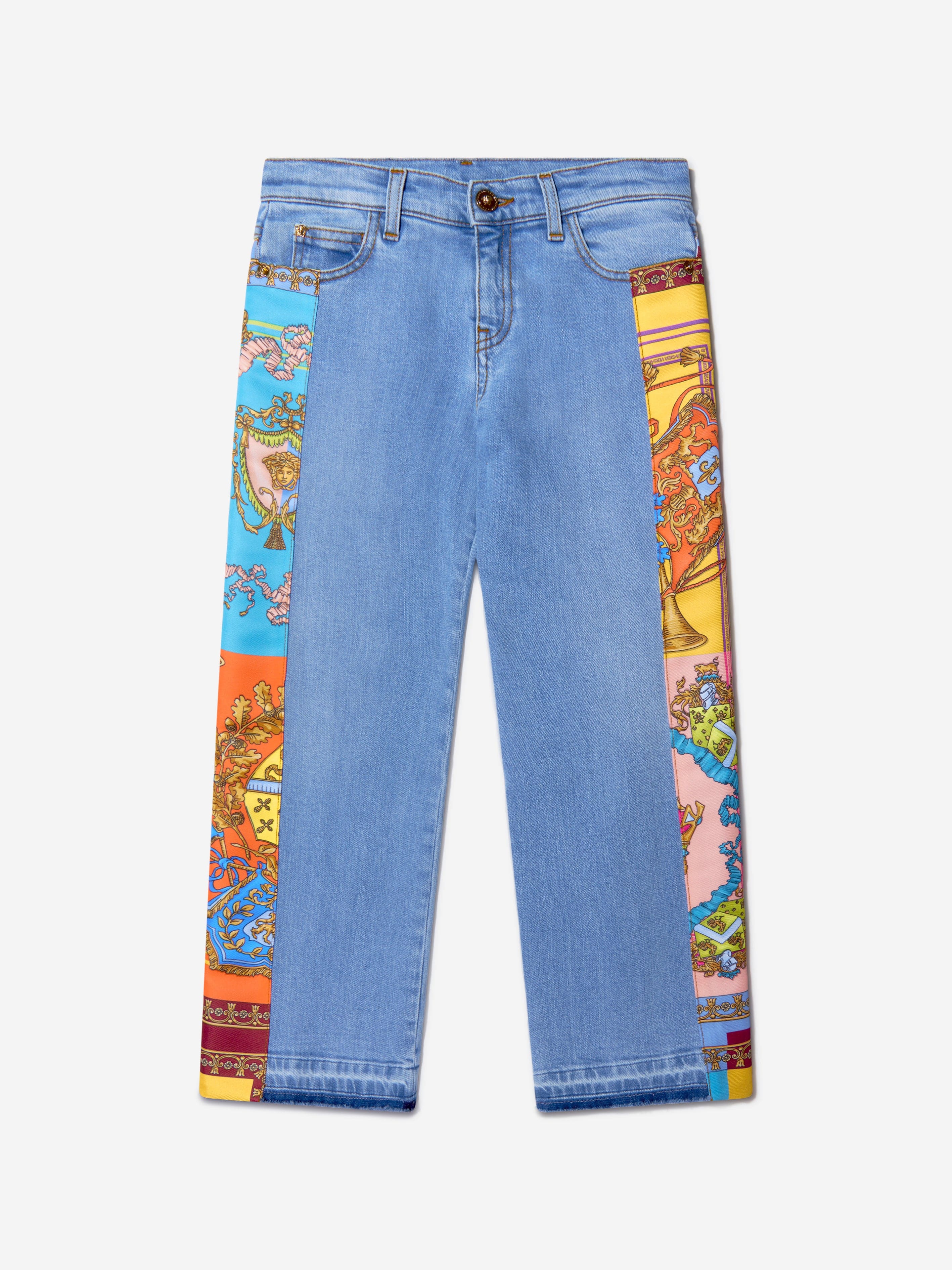 Versace Girls Cotton Denim Royalty Print Flared Jeans