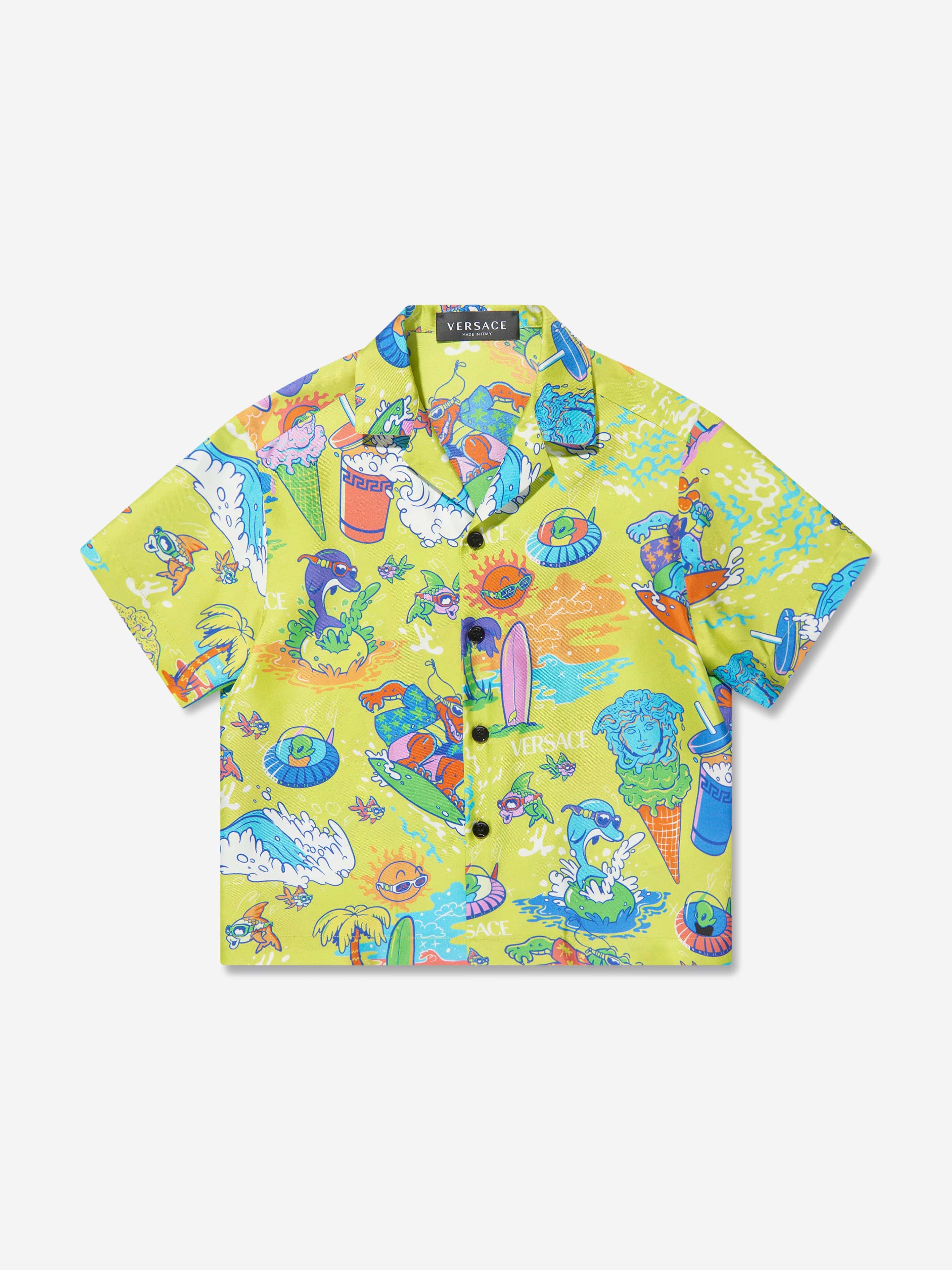 Versace Boys Short Sleeve Silk Shirt in Yellow