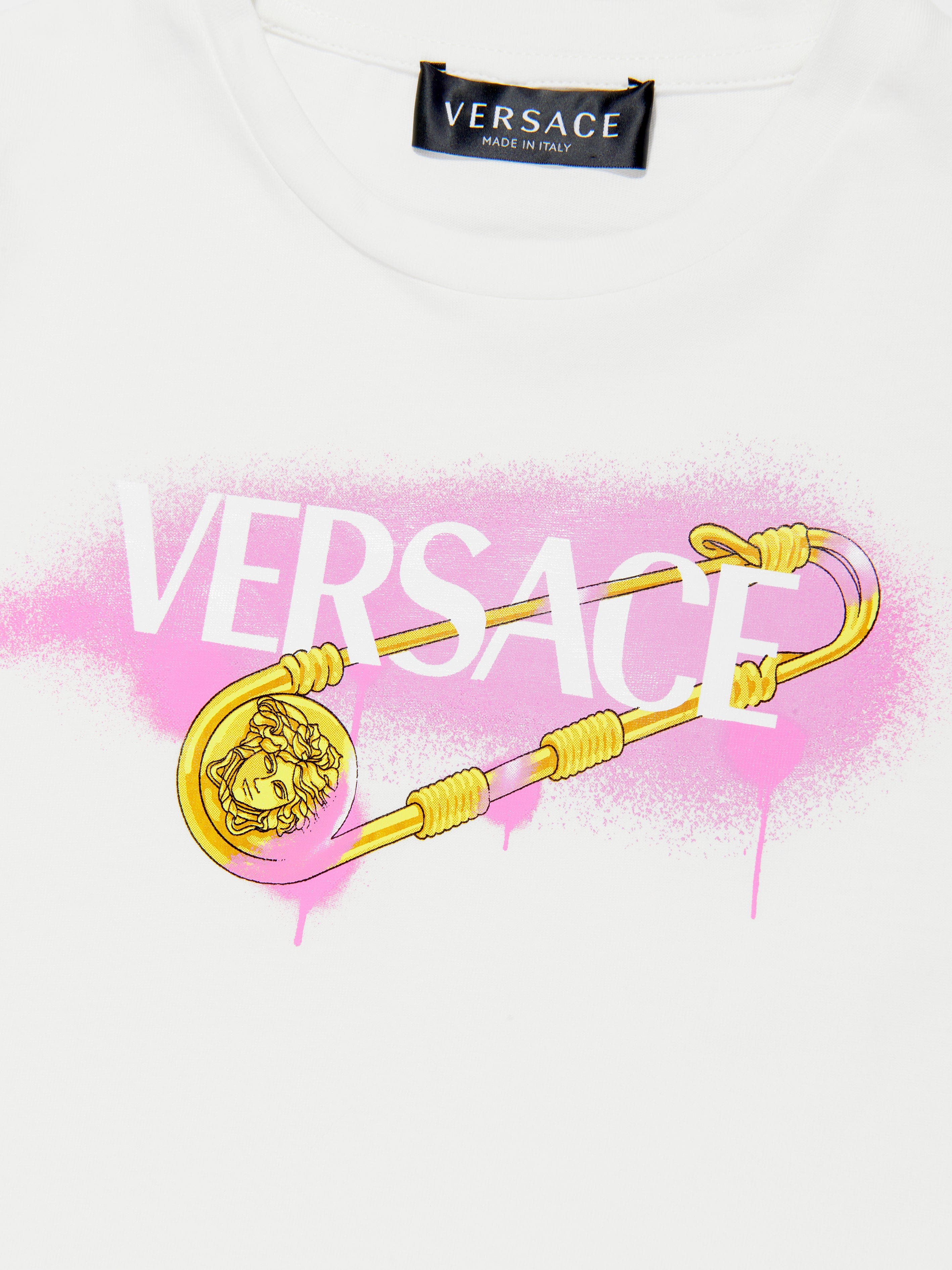 Versace Girls Safety Pin Logo T-Shirt in White