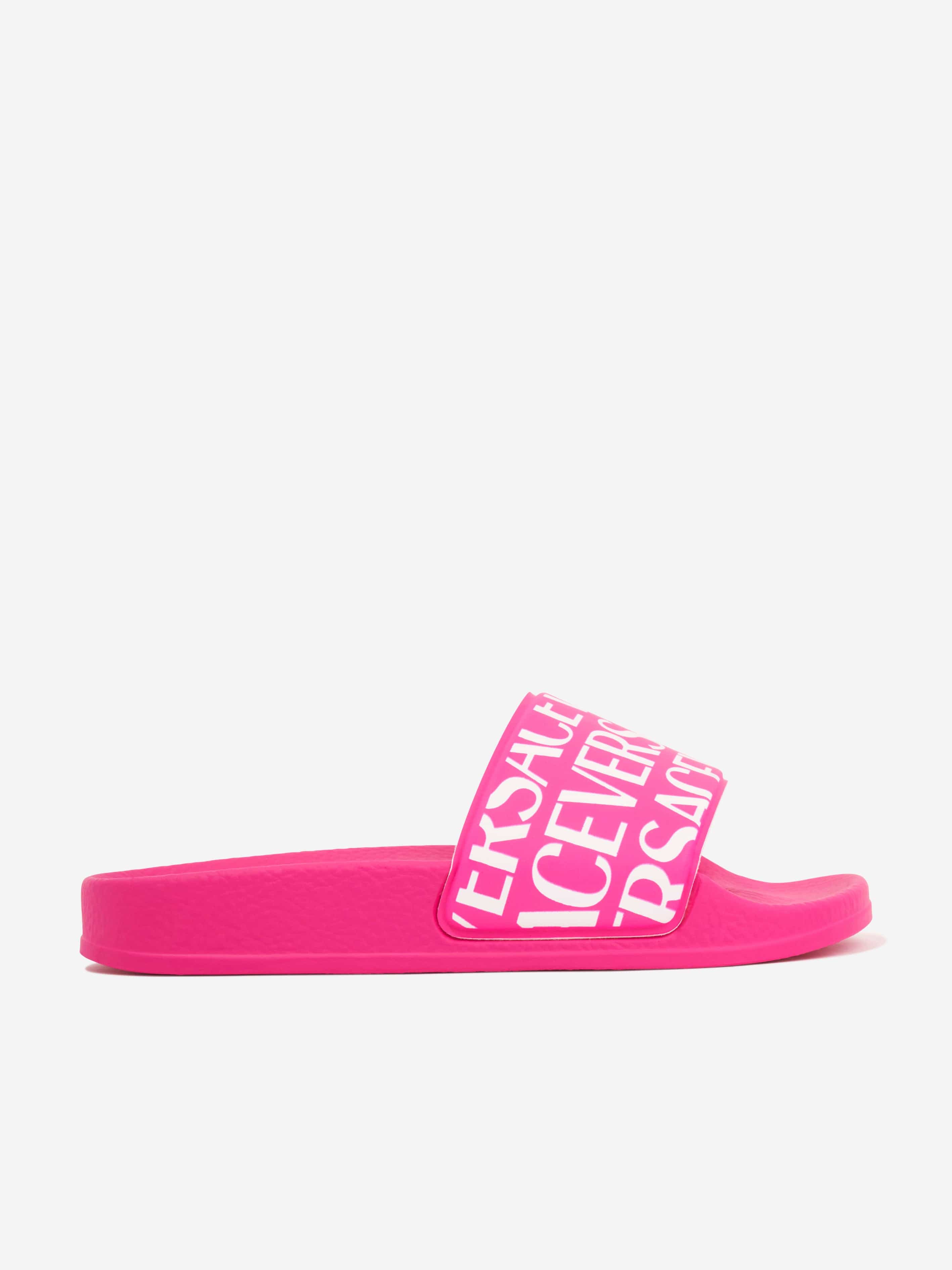 Versace Girls Logo Print Sliders in Pink