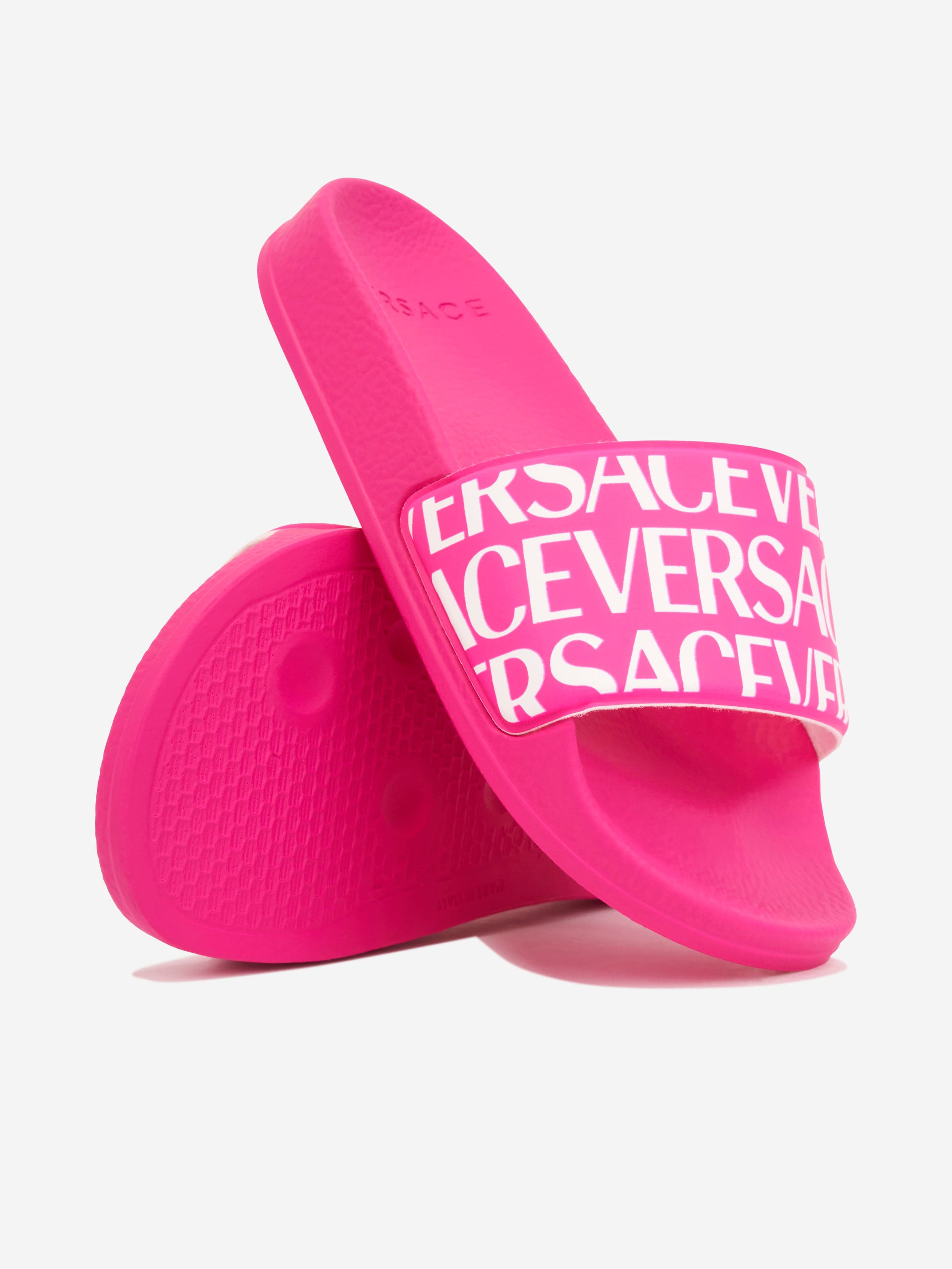 Versace Girls Logo Print Sliders in Pink