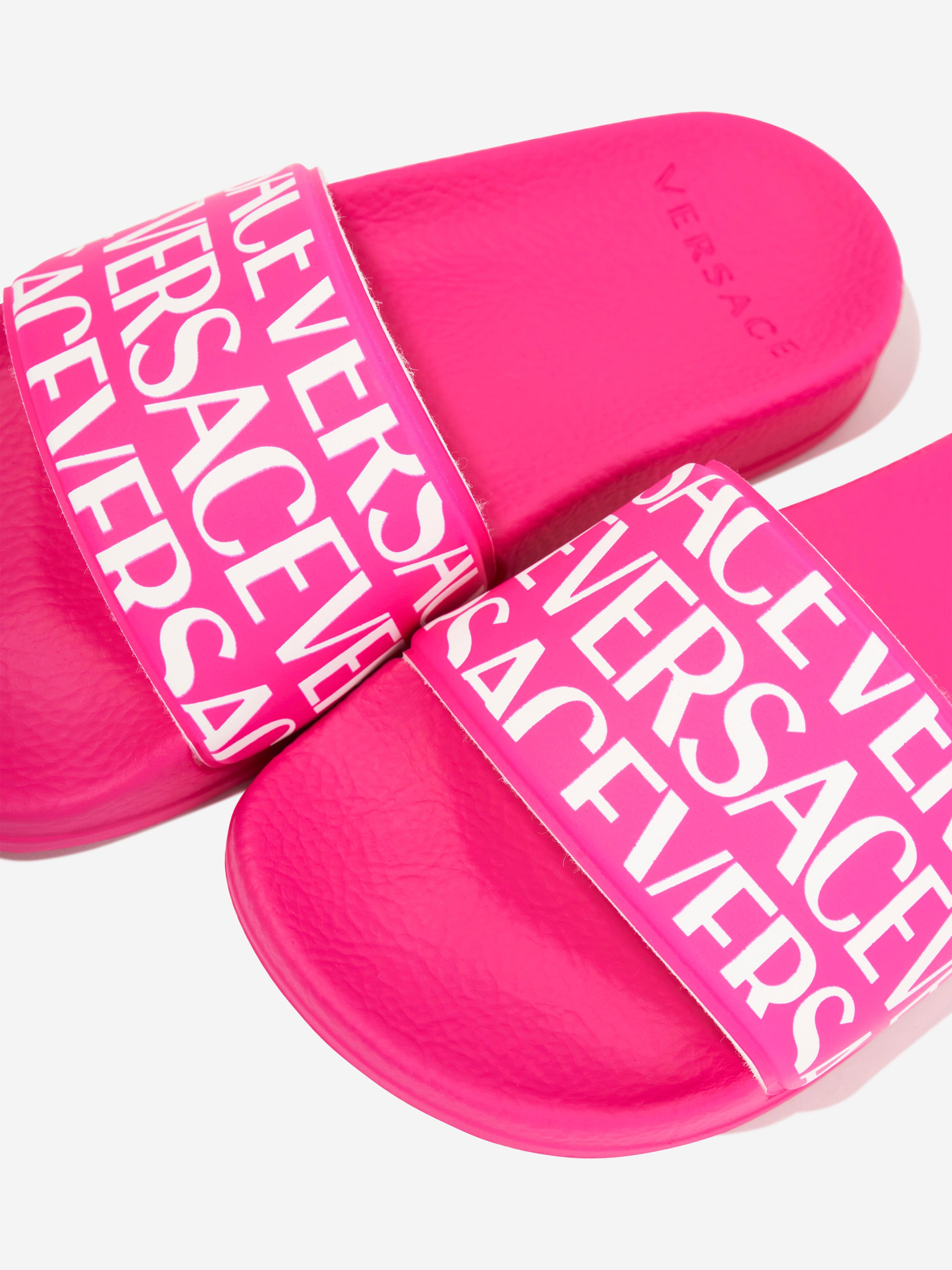 Versace Girls Logo Print Sliders in Pink