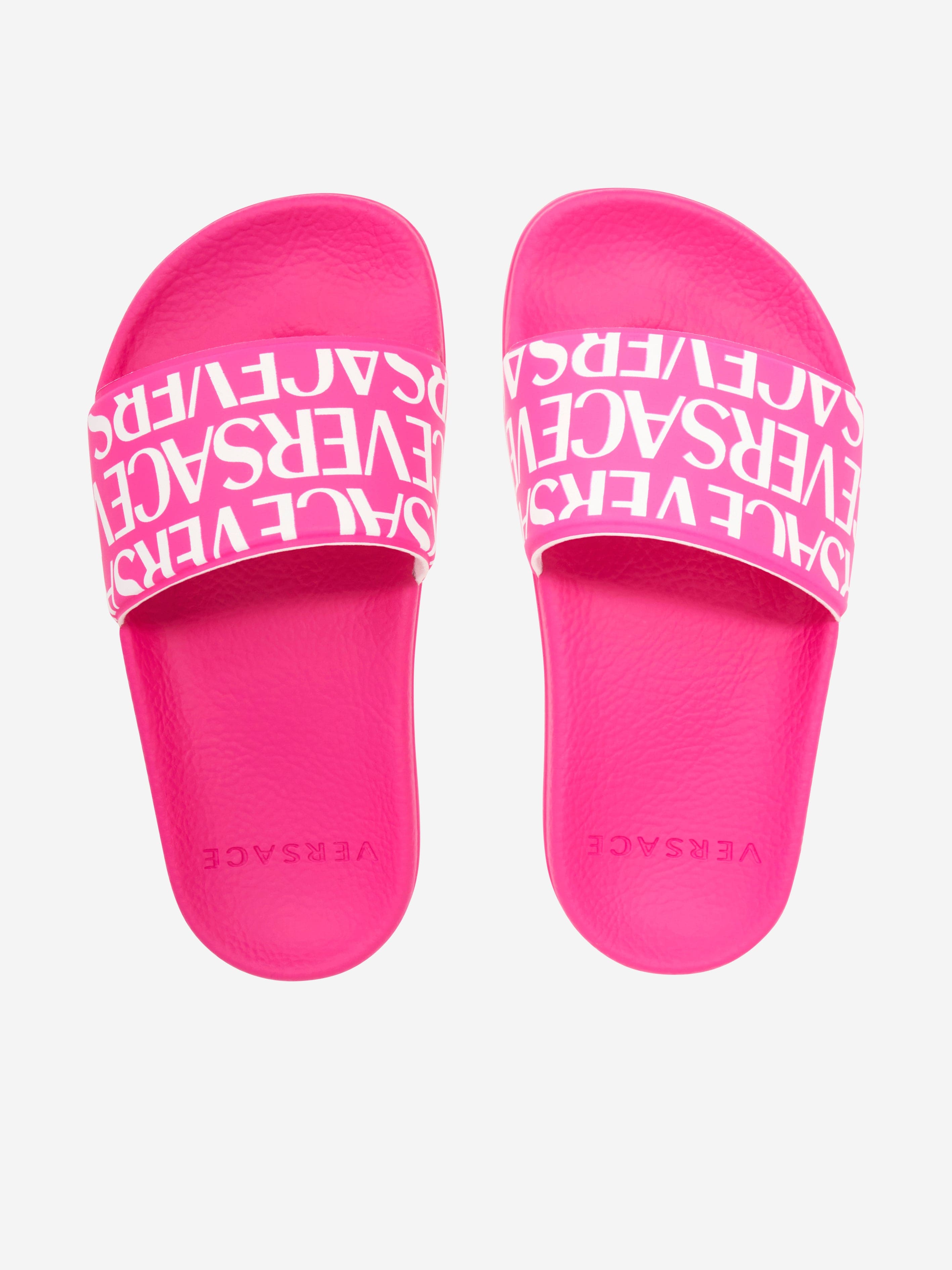 Versace Girls Logo Print Sliders in Pink