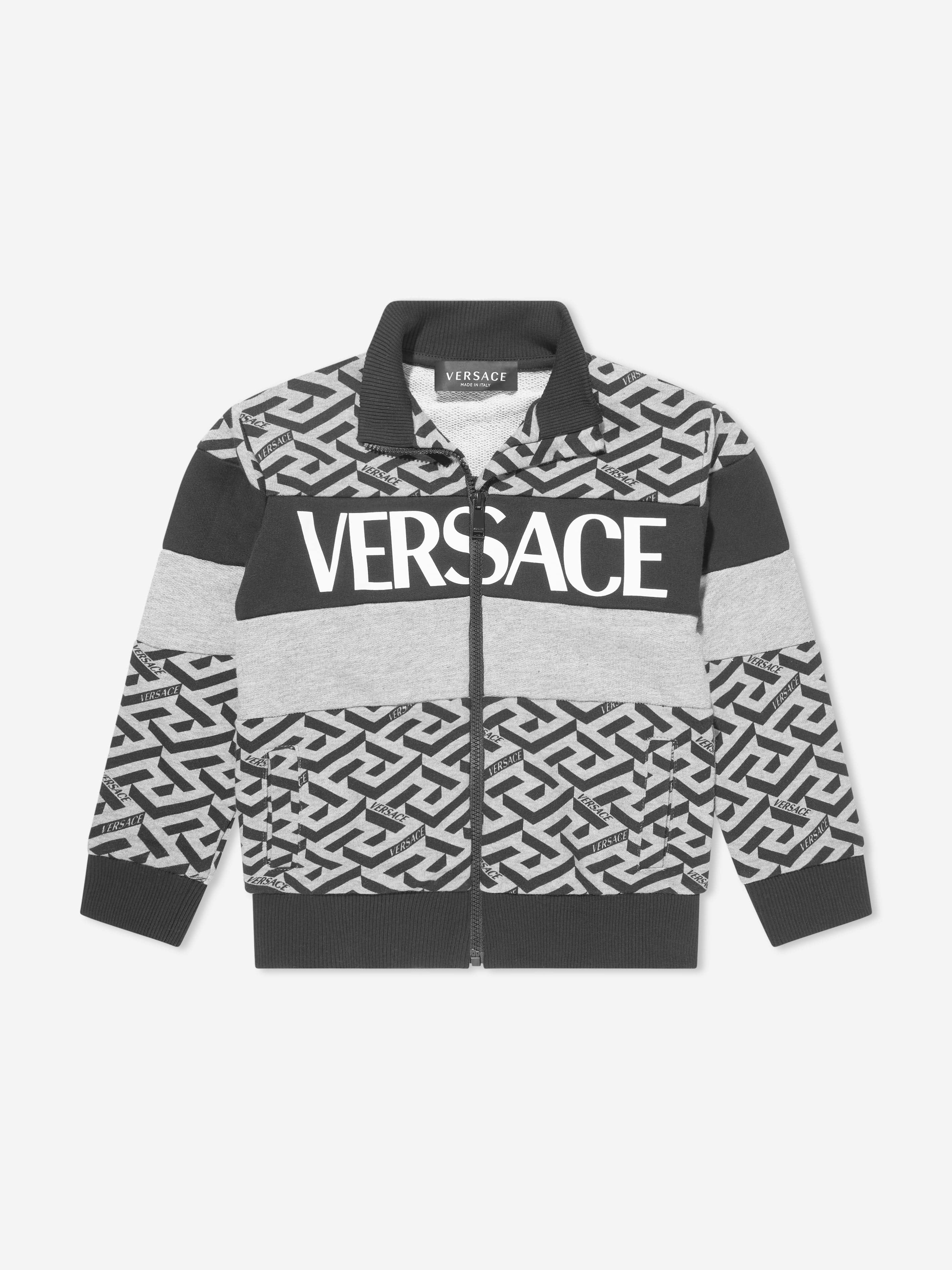 Versace Boys La Greca Logo Zip Up Top in Grey