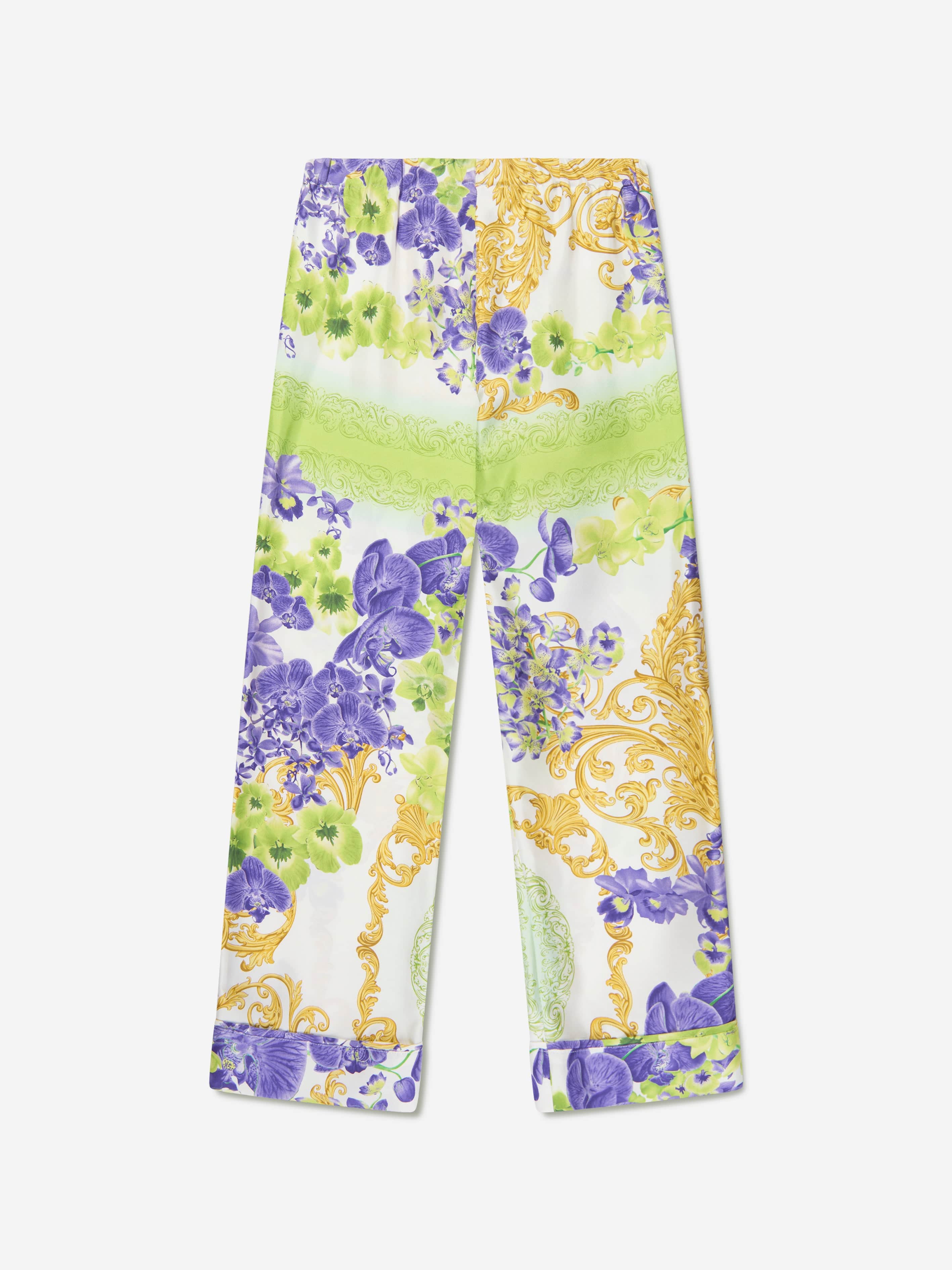 Versace Girls Silk Orchid Print Trousers in White